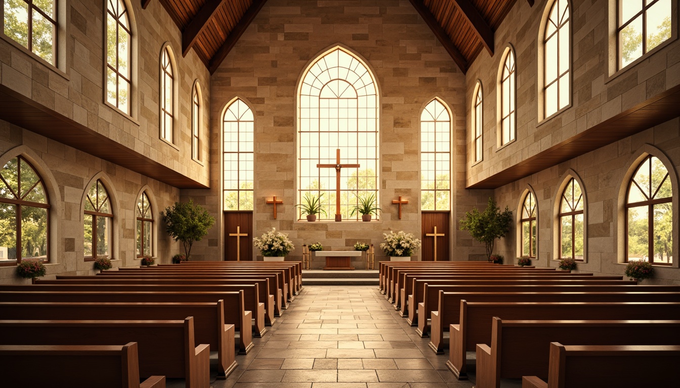 Prompt: Ethereal chapel interior, soaring vaulted ceilings, stained glass windows, warm golden light, soft shadows, rustic stone walls, polished wooden pews, elegant archways, subtle color palette, serene atmosphere, natural ventilation systems, energy-efficient design, minimalist decor, simple crucifixes, ornate altarpieces, delicate frescoes, vibrant floral arrangements, peaceful ambiance, shallow depth of field, 1/1 composition, soft focus, warm color tone.