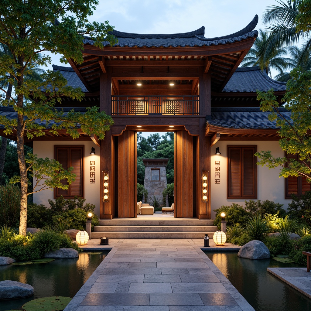 Prompt: Traditional Asian-inspired entrance, ornate wooden doors, intricately carved stone walls, serene water features, lush greenery, vibrant lanterns, cultural symbols, auspicious colors, majestic archways, imposing roof structures, natural materials, earthy tones, subtle lighting, shallow depth of field, 3/4 composition, warm ambient atmosphere, realistic textures.