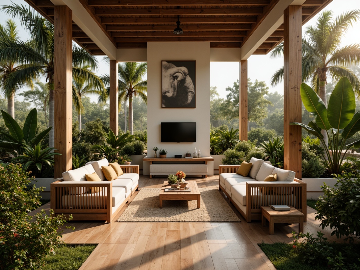 Prompt: Wildlife-inspired decorative accents, modern minimalist zoo-themed furniture, natural wood tones, earthy color palette, organic shapes, open-plan living areas, floor-to-ceiling windows, abundance of greenery, tropical plants, exotic flowers, soft warm lighting, 1/1 composition, shallow depth of field, realistic textures, ambient occlusion.