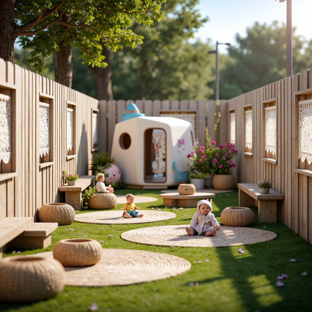 Prompt: Whimsical kindergarten playground, distressed wood fences, vintage-inspired play equipment, soft pastel colors, floral patterns, lace curtains, rustic wooden benches, woven wicker baskets, natural fiber rugs, plush toys, artificial turf, blooming flowers, warm sunny day, shallow depth of field, 1/1 composition, panoramic view, realistic textures, ambient occlusion.