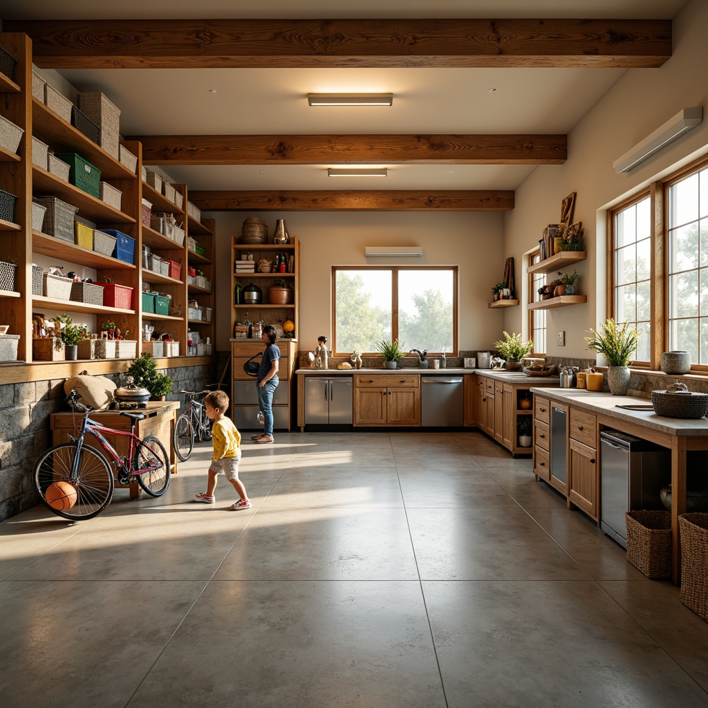 Prompt: Cozy family garage interior, warm beige walls, polished concrete floors, organized storage systems, wooden shelving units, metal cabinets, labeled bins, colorful baskets, sports equipment, bicycles, balls, toys, tools, workbenches, task lighting, natural stone accents, rustic wood textures, soft ambient lighting, shallow depth of field, 1/1 composition, realistic reflections.