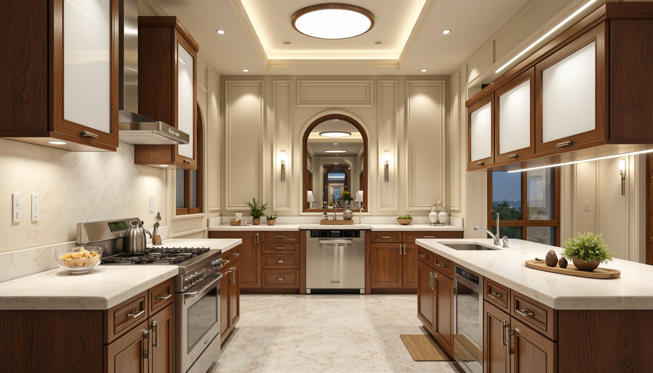 Prompt: Polished chrome equipment, glossy white countertops, rich wood cabinetry, frosted glass partitions, stainless steel appliances, cream-colored walls, terrazzo floors, ornate moldings, classical columns, subtle arches, elegant sconces, warm LED lighting, shallow depth of field, 1/1 composition, symmetrical balance, realistic reflections, ambient occlusion.