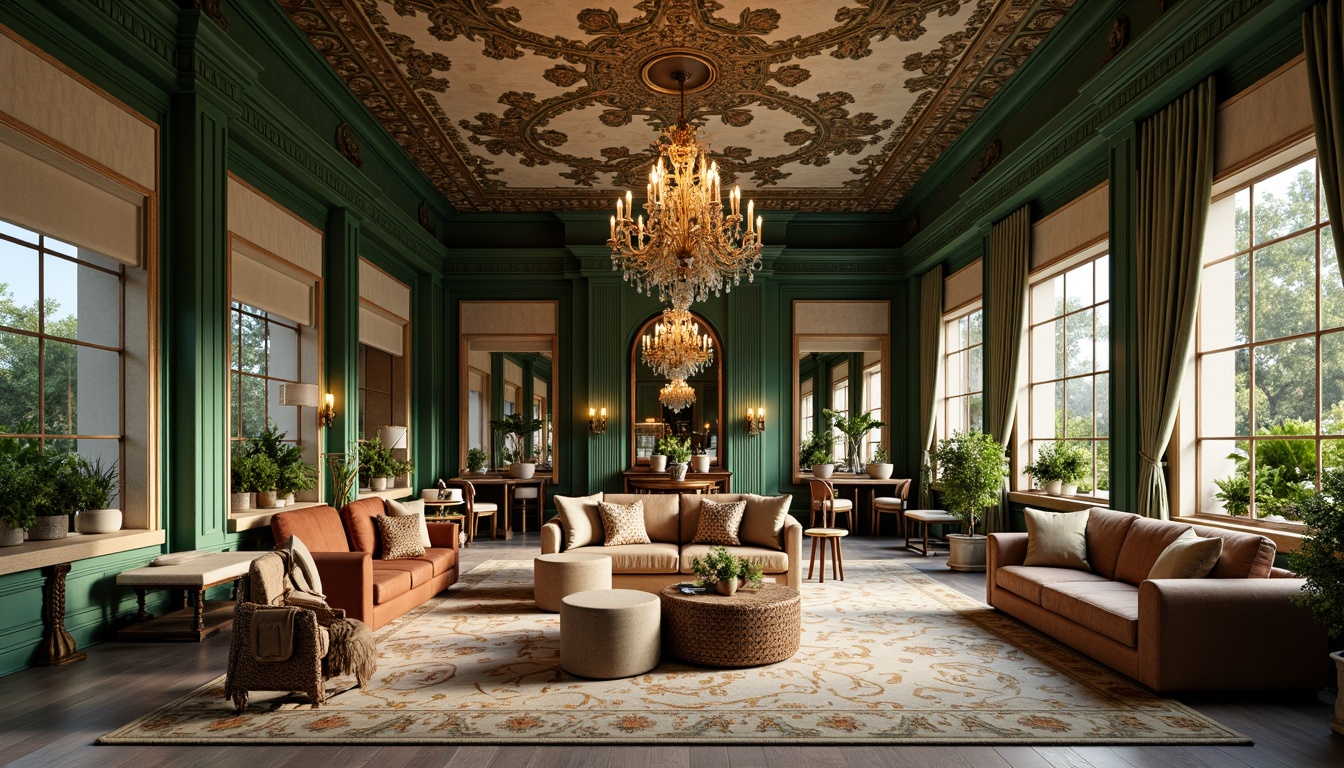 Prompt: Intricate ornate details, lavish furnishings, soft warm lighting, opulent materials, jewel-toned colors, emerald green walls, golden accents, bronze fixtures, velvet drapes, beveled mirrors, flowing organic lines, whimsical botanical patterns, delicate florals, pastel hues, creamy whites, rich wood tones, dramatic ceiling designs, ornate moldings, luxurious textures, vintage-inspired accessories.