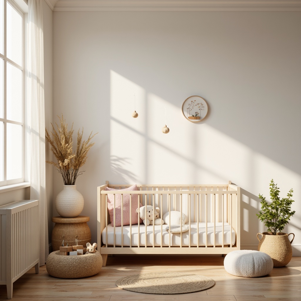 Prompt: Soft warm lighting, creamy whites, pale woods, minimalist decor, gentle curves, cozy textiles, subtle pastels, nursery furniture, crib, changing table, baby blocks, toys, woven baskets, natural fiber rugs, sheer curtains, delicate mobiles, peaceful atmosphere, shallow depth of field, 1/1 composition, soft focus, warm color tones.