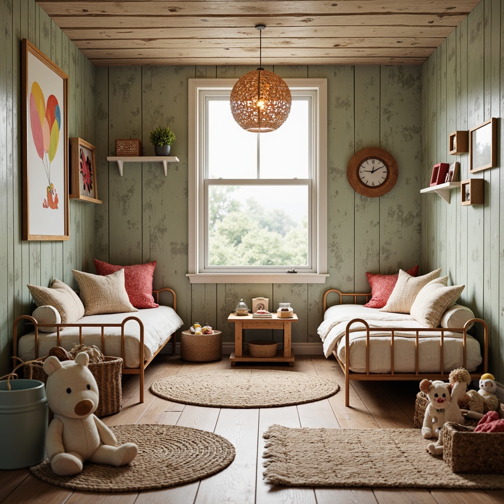 Prompt: Whimsical kids' room, vernacular style, distressed wood walls, vintage furniture, soft pastel colors, playful polka dots, cheerful stripes, rustic wooden accents, natural fiber rugs, woven baskets, earthy tones, cozy reading nooks, plush toys, warm lantern lighting, shallow depth of field, 1/1 composition, inviting atmosphere.