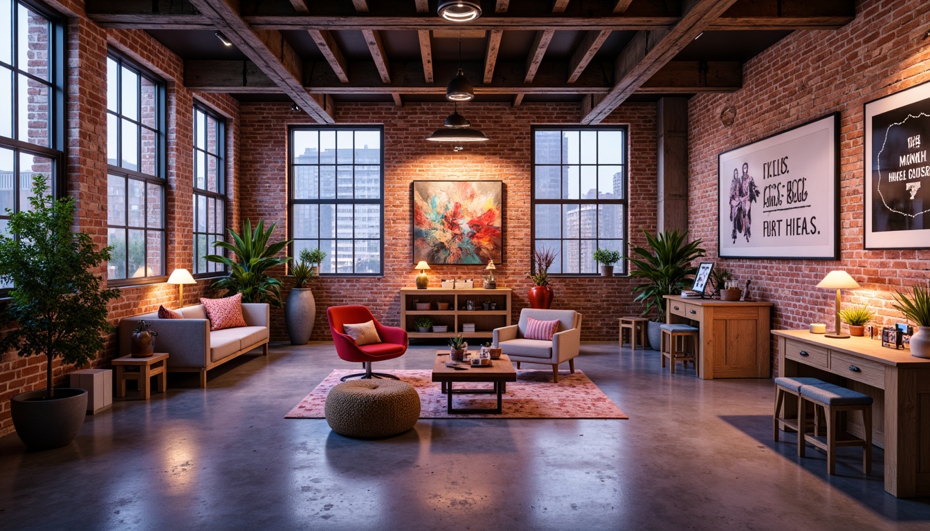 Prompt: Vibrant modern art studio, industrial chic interior, exposed brick walls, polished concrete floors, eclectic furniture, bold color accents, pastel hues, neon lights, creative workspaces, inspirational quotes, natural textiles, reclaimed wood, minimal ornamentation, urban loft atmosphere, softbox lighting, 1/2 composition, moody contrast, realistic rendering.