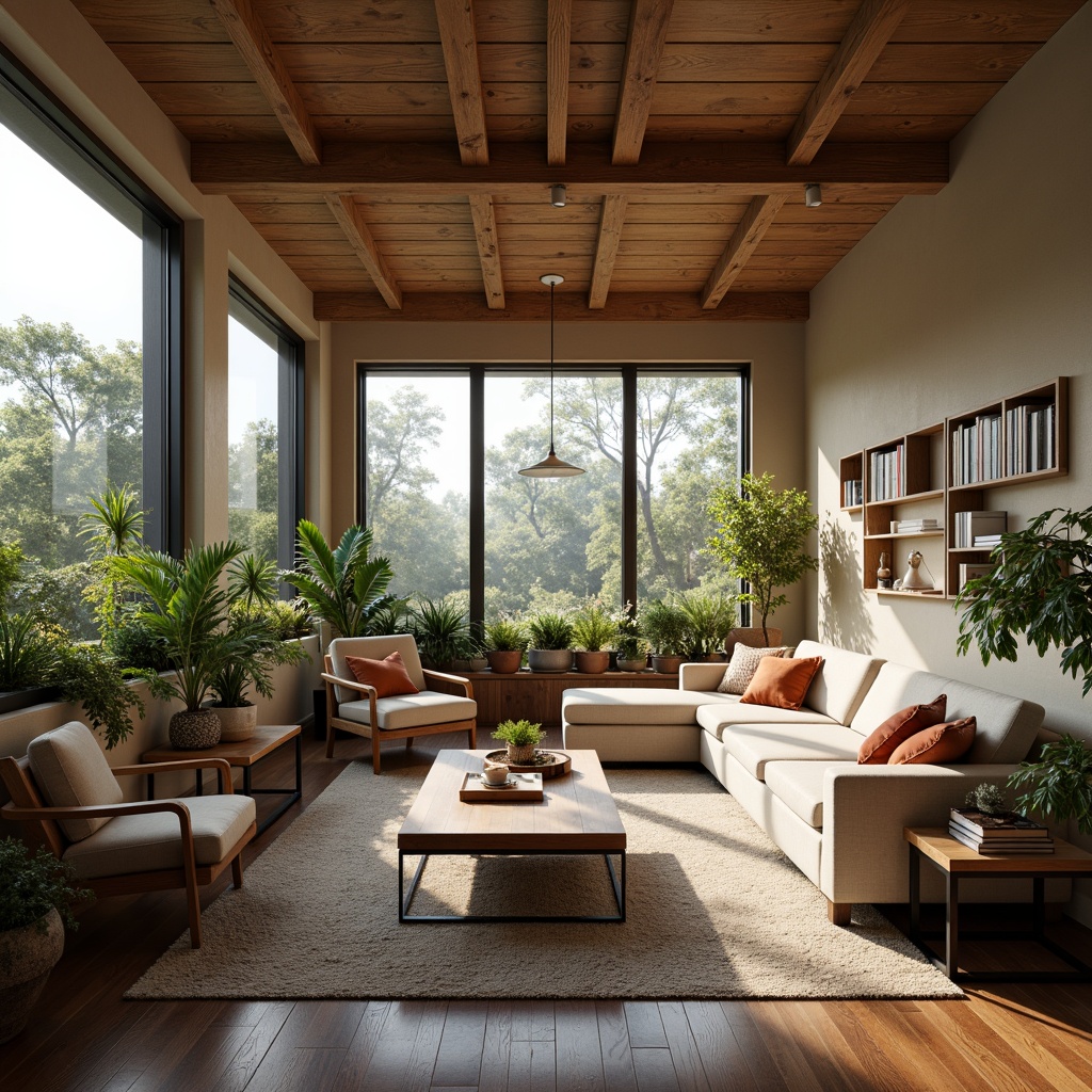 Prompt: Cozy living room, plush sofas, oversized armchairs, warm beige walls, dark wood flooring, soft area rugs, floor-to-ceiling windows, natural light pouring in, elegant pendant lamps, minimalist coffee tables, vibrant greenery, lush potted plants, comfortable reading nooks, built-in bookshelves, rustic wooden accents, industrial metal frames, soft cushions, ergonomic chair designs, calming color palette, warm ambient lighting, shallow depth of field, 2/3 composition, inviting atmosphere.