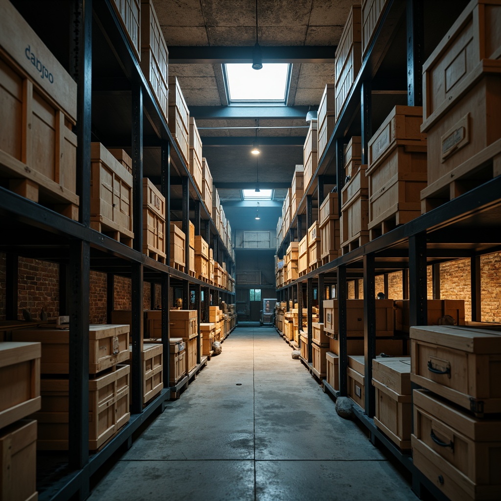 Prompt: Industrial storage room, exposed brick walls, metal shelving units, wooden crates, dimly lit ambiance, warm beige tones, earthy brown hues, muted gray accents, rich blue undertones, subtle industrial textures, realistic metallic reflections, soft natural lighting, shallow depth of field, 2/3 composition, atmospheric fog effect.