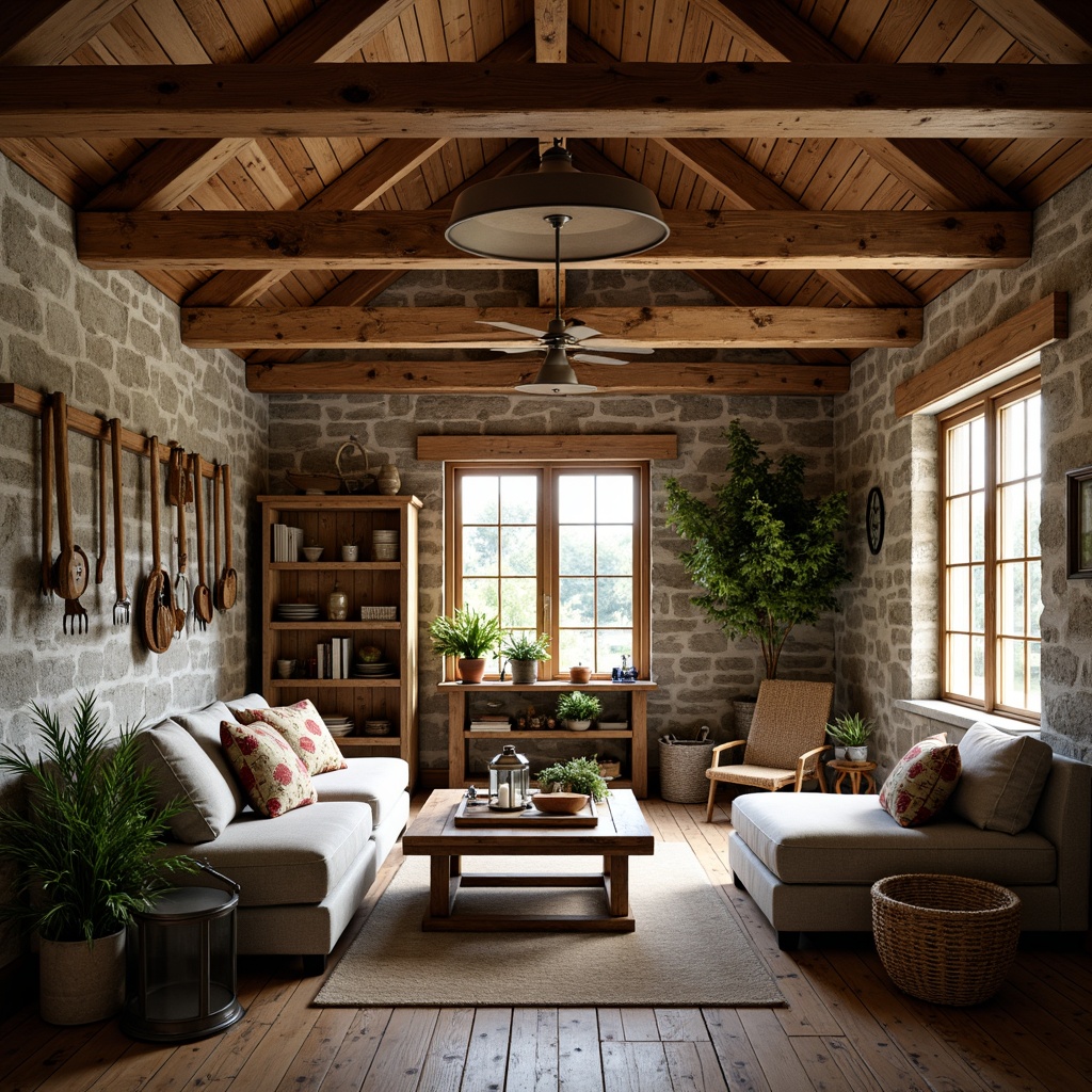 Prompt: Rustic farmhouse interior, exposed wooden beams, distressed metal accents, reclaimed wood floors, vintage farm tools, natural stone walls, earthy color palette, warm ambient lighting, shallow depth of field, 1/2 composition, realistic textures, ambient occlusion, cozy nooks, plush furnishings, woven baskets, potted greenery, industrial-chic decor, metal lanterns, wooden crates, rough-hewn wood tables, comfortable living spaces.