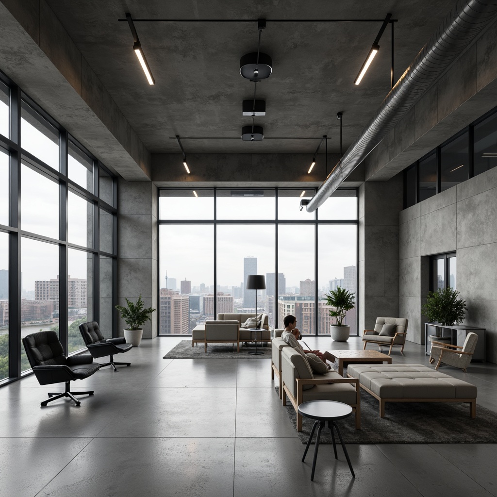 Prompt: Concrete brutalist office building, industrial aesthetic, monochromatic color palette, cold grey tones, exposed ductwork, raw concrete walls, steel beams, minimalist decor, functional furniture, modern lighting fixtures, urban cityscape, cloudy day, soft diffused lighting, shallow depth of field, 3/4 composition, realistic textures, ambient occlusion.