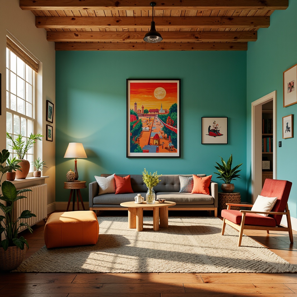 Prompt: Vibrant artistic studio, eclectic furniture, bold color blocking, contrasting textures, abstract artwork, warm golden lighting, soft focus, shallow depth of field, 1/2 composition, modern minimalist aesthetic, monochromatic accents, rich turquoise walls, creamy white trim, rustic wooden floors, plush area rugs, natural fabric upholstery, metallic decorative accents, whimsical patterns, subtle gradient effects.