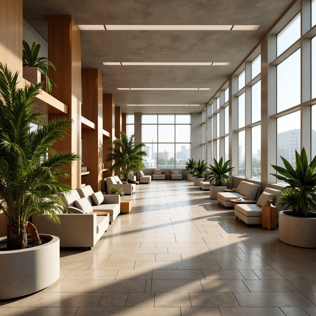 Prompt: Calming airport interior, natural stone flooring, warm beige walls, soft grey ceilings, sleek silver accents, modern minimalist design, spacious open areas, ample natural light, airy atmosphere, comfortable seating areas, vibrant greenery, tropical plants, wooden furniture, subtle LED lighting, 1/2 composition, shallow depth of field, realistic textures, ambient occlusion.