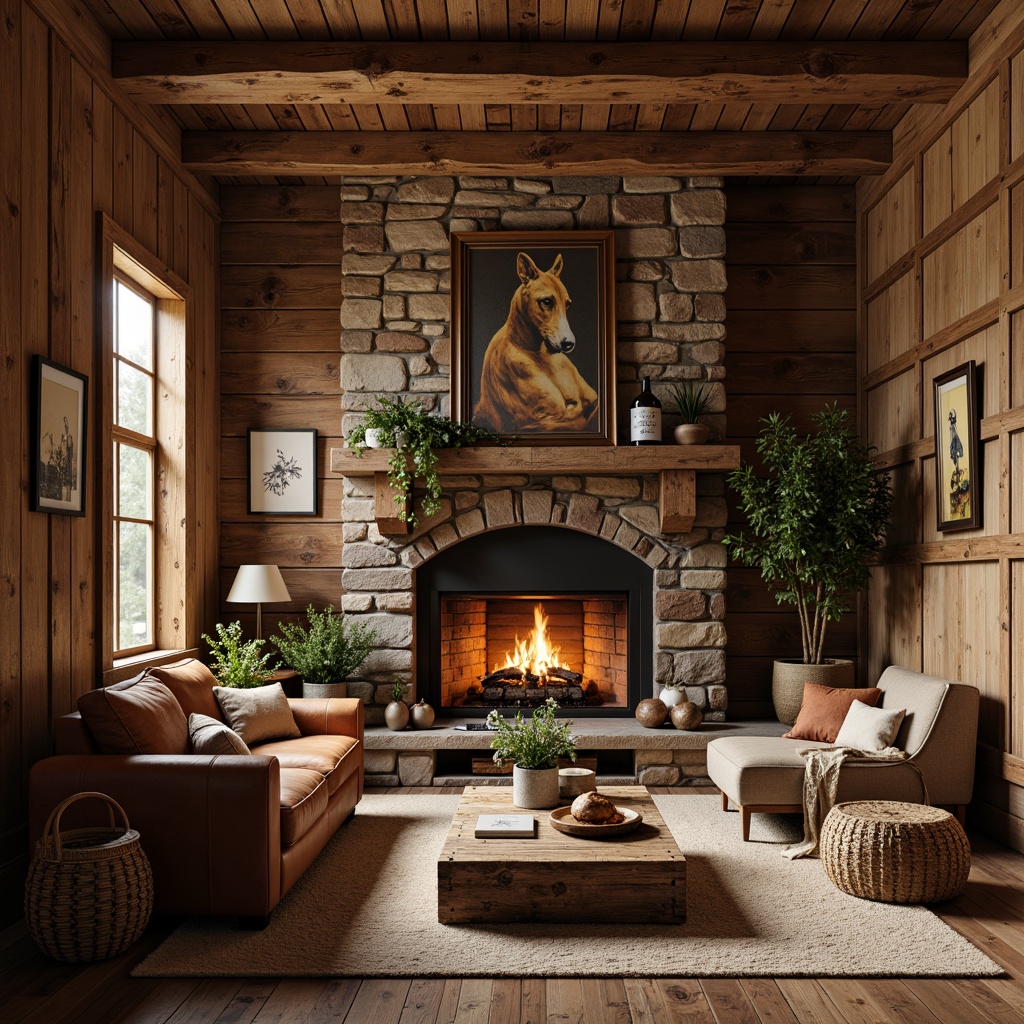 Prompt: Cozy family room, rustic wooden walls, rough-hewn stone fireplace, distressed leather furniture, warm earthy tones, natural fiber rugs, vintage metal decorations, reclaimed wood accents, woven baskets, soft candlelight, 1/1 composition, shallow depth of field, realistic textures, ambient occlusion.