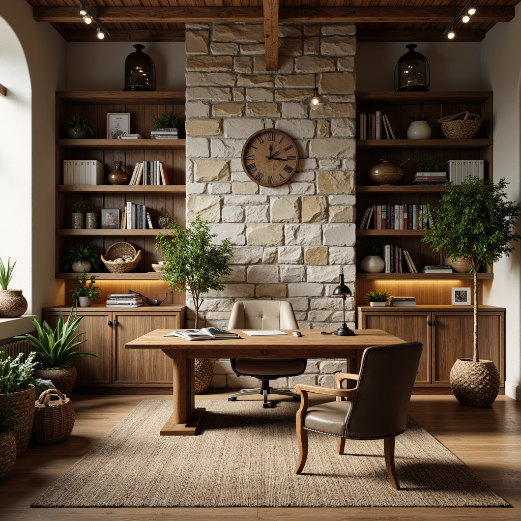 Prompt: Rustic home office, wooden desk, vintage chair, natural stone walls, earthy tone colors, warm lighting, cozy atmosphere, comfortable seating area, bookshelves, wooden cabinets, antique decorative items, greenery, potted plants, natural textiles, woven baskets, industrial-style lighting fixtures, reclaimed wood accents, distressed finishes, organic shapes, functional layout, efficient workflow, minimal decor, calm ambiance.