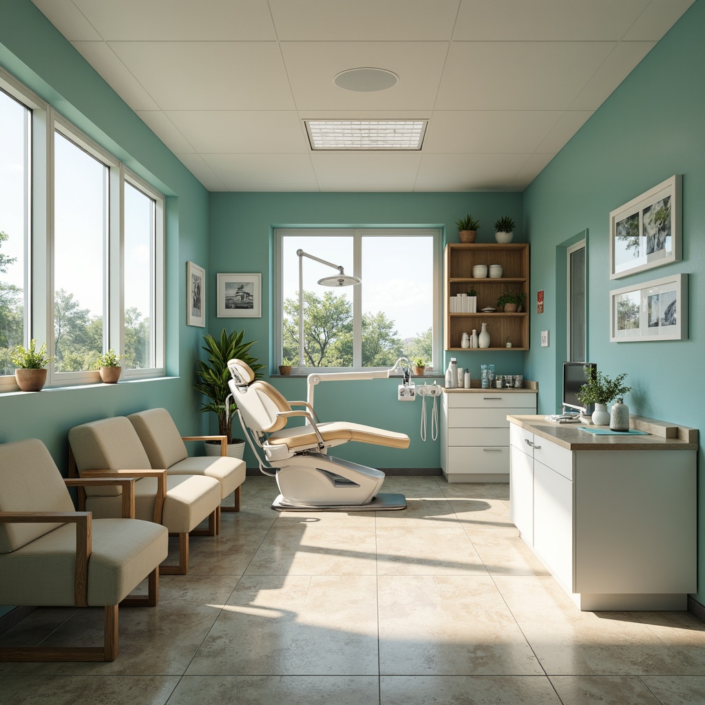 Prompt: Calming dental clinic atmosphere, soothing blue-green hues, creamy whites, gentle beige tones, warm wooden accents, subtle chrome details, minimalist decor, natural stone floors, large windows, soft diffused lighting, shallow depth of field, 1/1 composition, realistic textures, ambient occlusion.