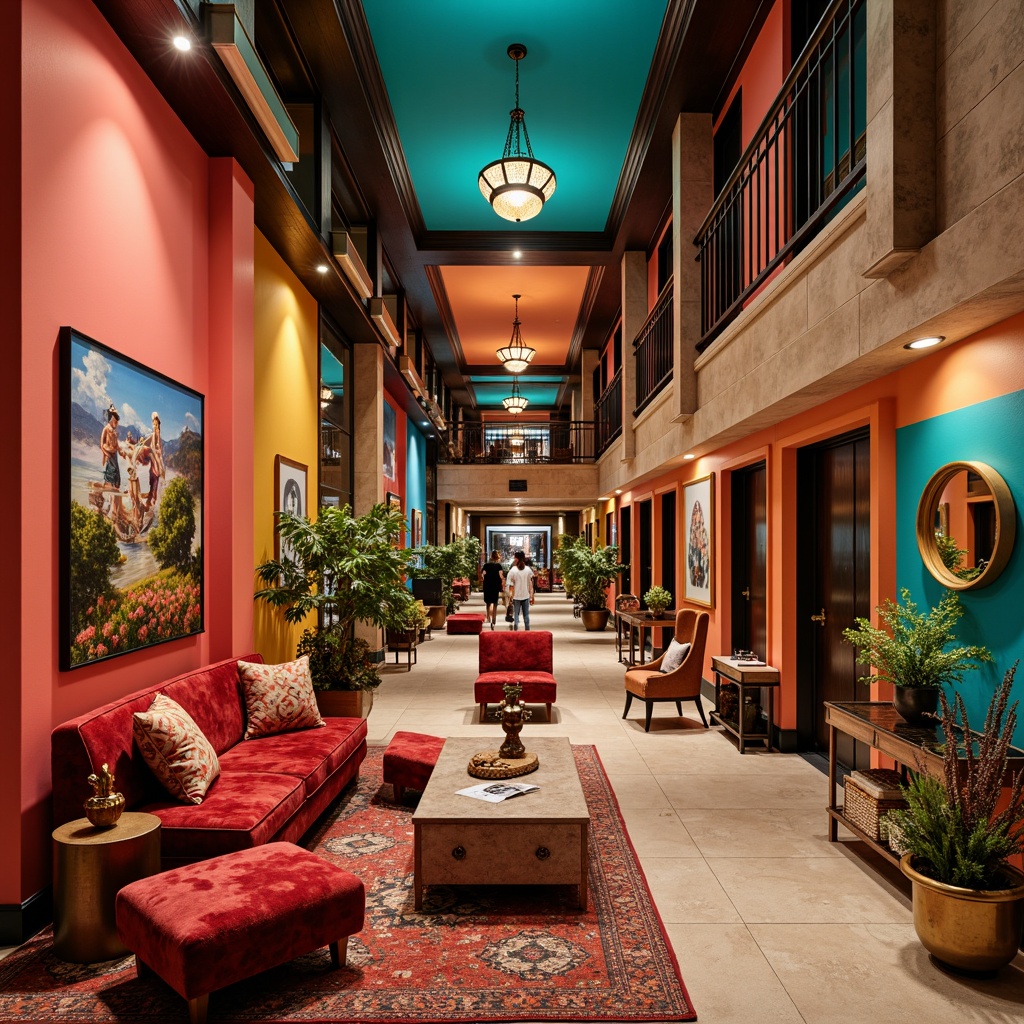 Prompt: Vibrant eclectic hotel lobby, bold geometric patterns, rich velvet fabrics, luxurious gold accents, distressed wooden furniture, industrial metal fixtures, whimsical artwork, statement lighting fixtures, bold color blocking, bright coral walls, deep turquoise ceilings, warm beige floors, plush area rugs, eclectic vintage decor, playful textile mixology, moody atmospheric lighting, cinematic shadows, dramatic archways, ornate molding details.