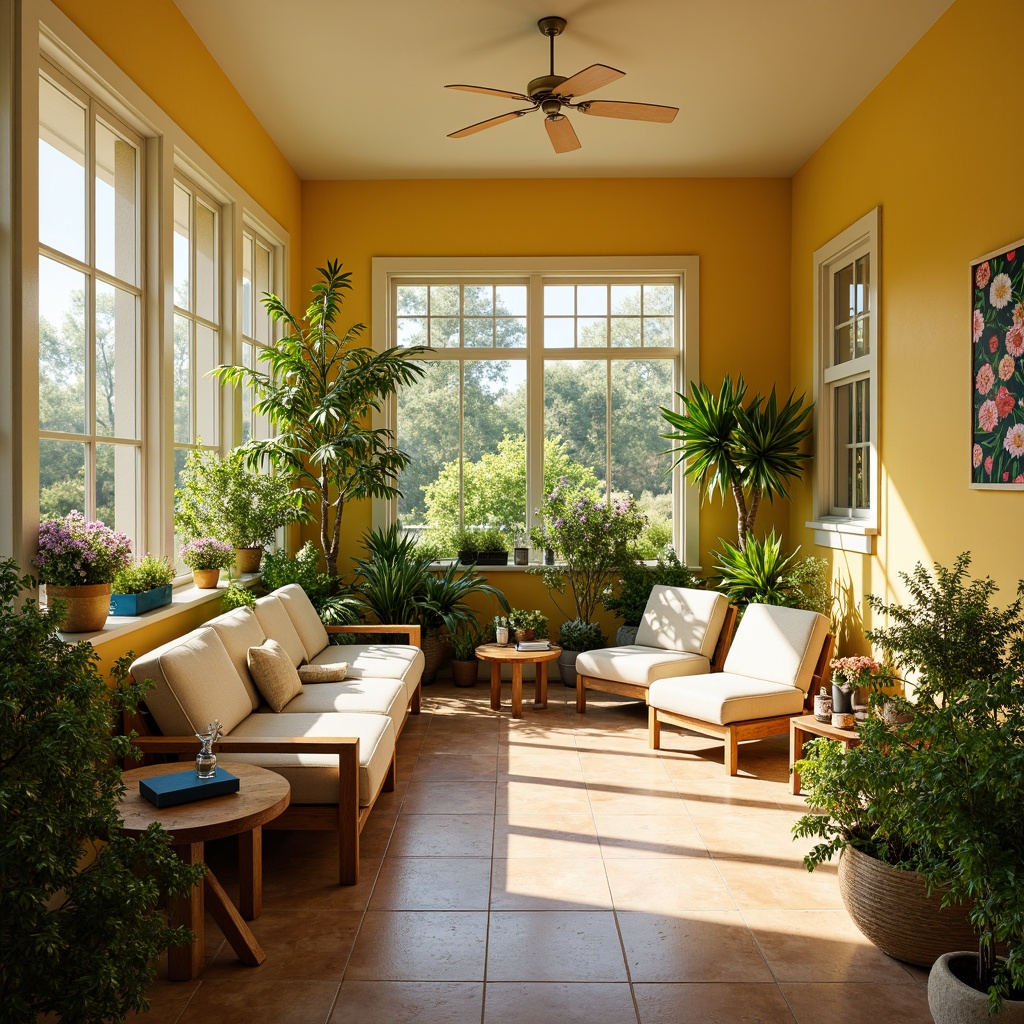 Prompt: Vibrant sunroom, warm natural light, bright yellow walls, lush greenery, blooming flowers, soft beige furniture, creamy white accents, calming blue undertones, natural wood textures, earthy terracotta tiles, modern minimalist decor, airy feel, abundant plants, sunny day, gentle warm lighting, shallow depth of field, 3/4 composition, panoramic view, realistic textures.