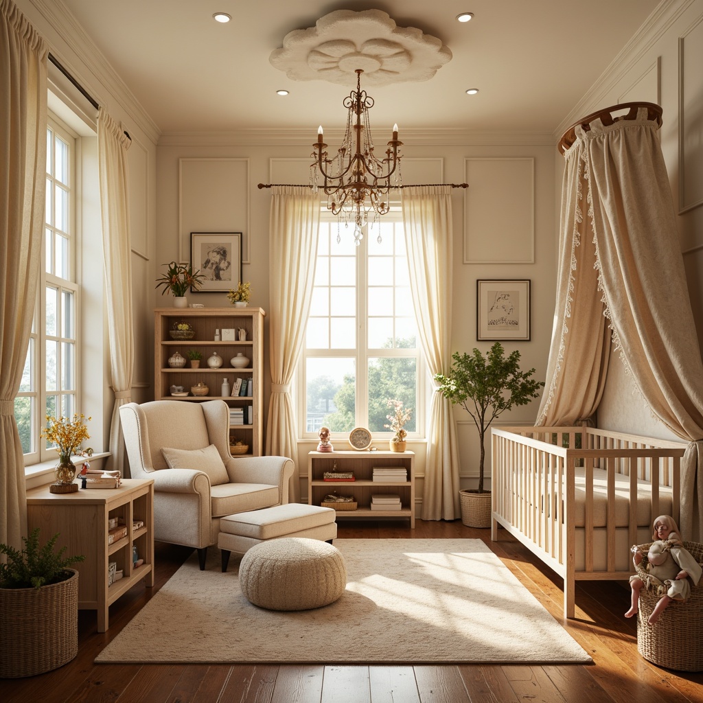 Prompt: Whimsical Victorian-style nursery, soft pastel hues, gentle cream walls, rich wood tones, ornate furniture, velvet drapes, lace trimming, floral patterns, playful polka dots, warm golden lighting, plush area rugs, delicate porcelain dolls, antique toys, vintage children's books, distressed wooden floors, creamy white wainscoting, subtle sheen fabrics, dreamy cloud-inspired ceiling, 1/1 composition, soft focus, romantic ambiance.