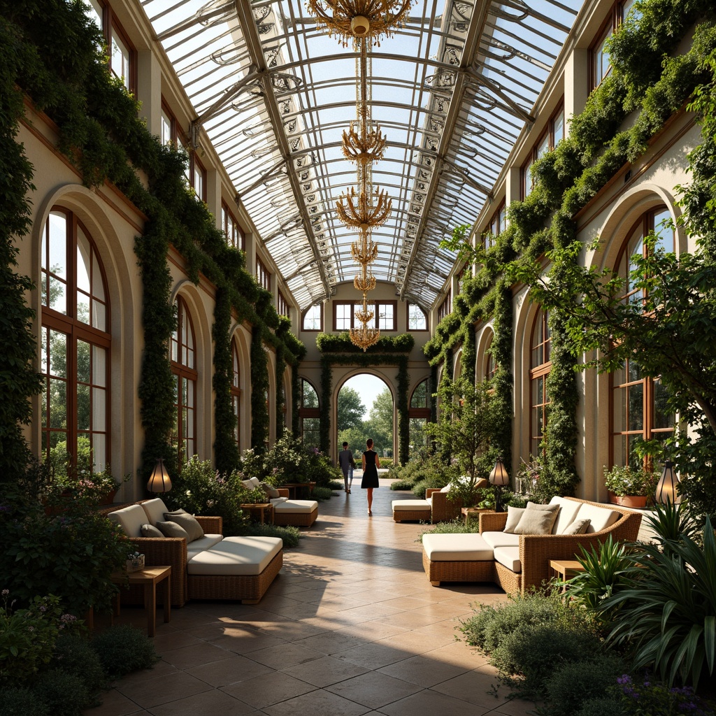 Prompt: Intricate greenhouse, ornate Rococo details, lush greenery, exotic plants, delicate vines, twinkling chandeliers, lavish furnishings, intricate carvings, gilded accents, soft warm lighting, shallow depth of field, 3/4 composition, panoramic view, realistic textures, ambient occlusion, grandiose archways, sweeping curves, opulent fabrics, velvet drapes, sparkling crystals, French-inspired elegance.