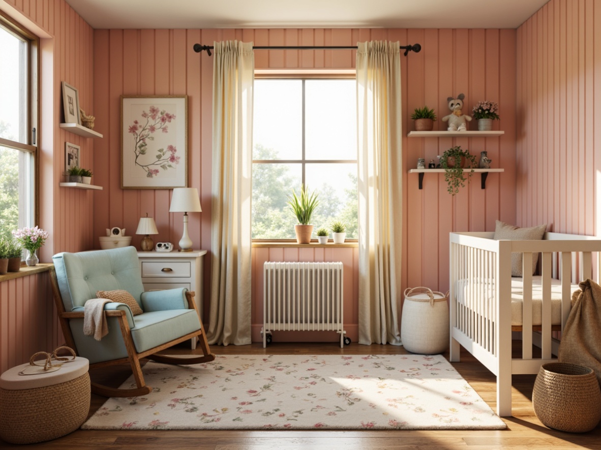 Prompt: Whimsical nursery, vintage vernacular style, soft peach walls, distressed wood accents, creamy white furniture, floral patterned rug, pastel blue crib, rustic wooden rocking chair, woven basket storage, natural linen drapes, warm golden lighting, shallow depth of field, 1/1 composition, cozy atmosphere, realistic textures, ambient occlusion.