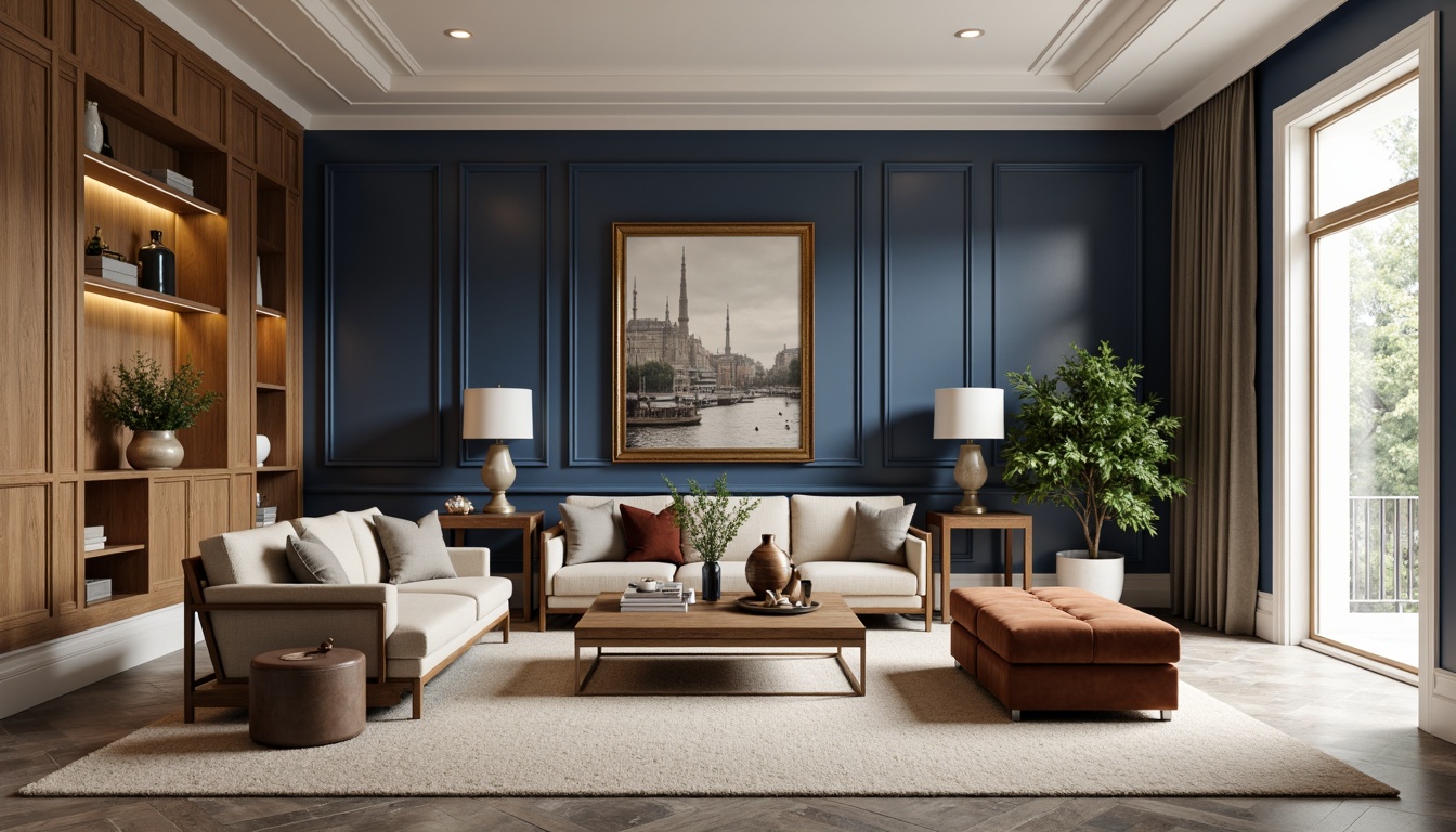 Prompt: Navy blue accent walls, rich wood tones, creamy white trim, subtle gold hardware, plush velvet upholstery, soft beige carpeting, natural stone flooring, elegant crown molding, sophisticated modern furniture, airy open spaces, warm ambient lighting, shallow depth of field, 1/1 composition, realistic textures, ambient occlusion.