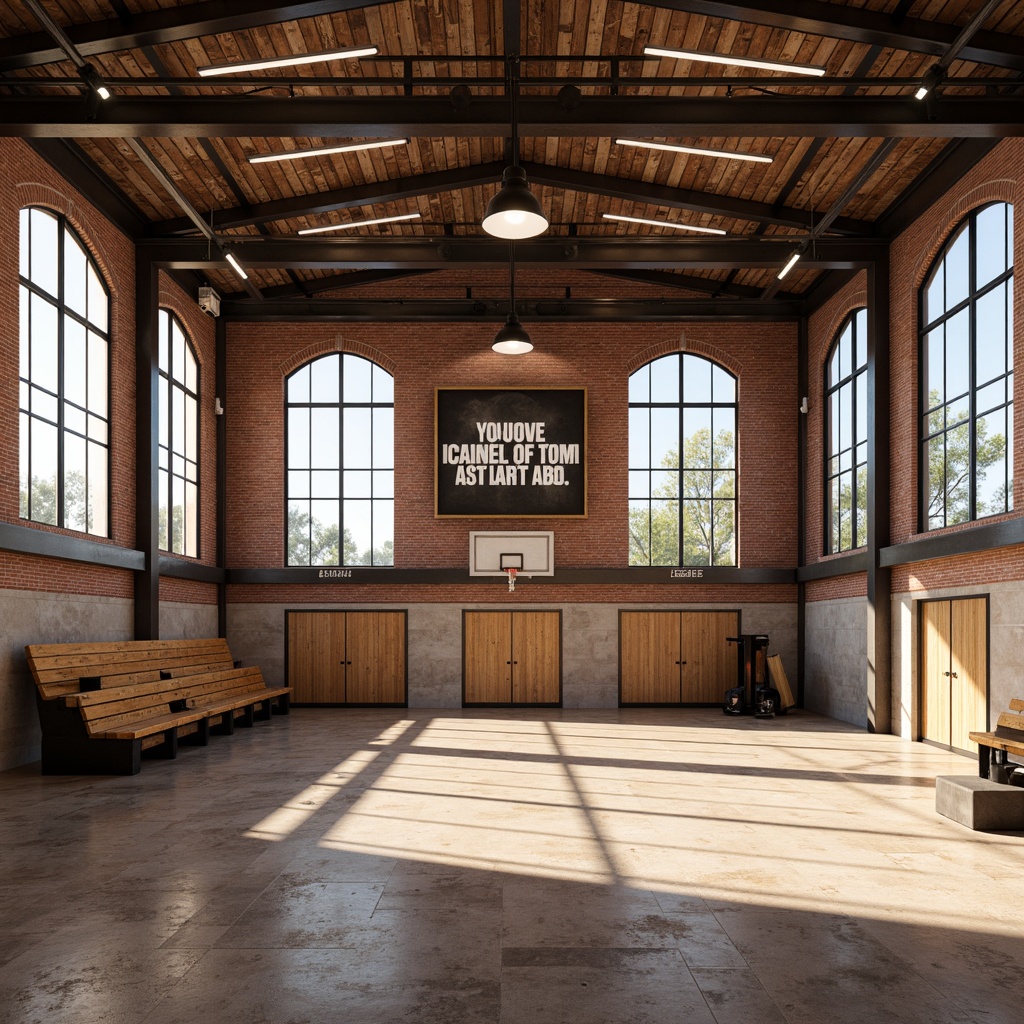 Prompt: Rustic gymnasium interior, exposed brick walls, industrial chic, reclaimed wood flooring, metal beams, high ceilings, natural light pouring, large windows, wooden bleachers, athletic equipment, sports facilities, motivational quotes, modern LED lighting, warm color tones, textured finishes, 1/2 composition, realistic rendering, ambient occlusion.