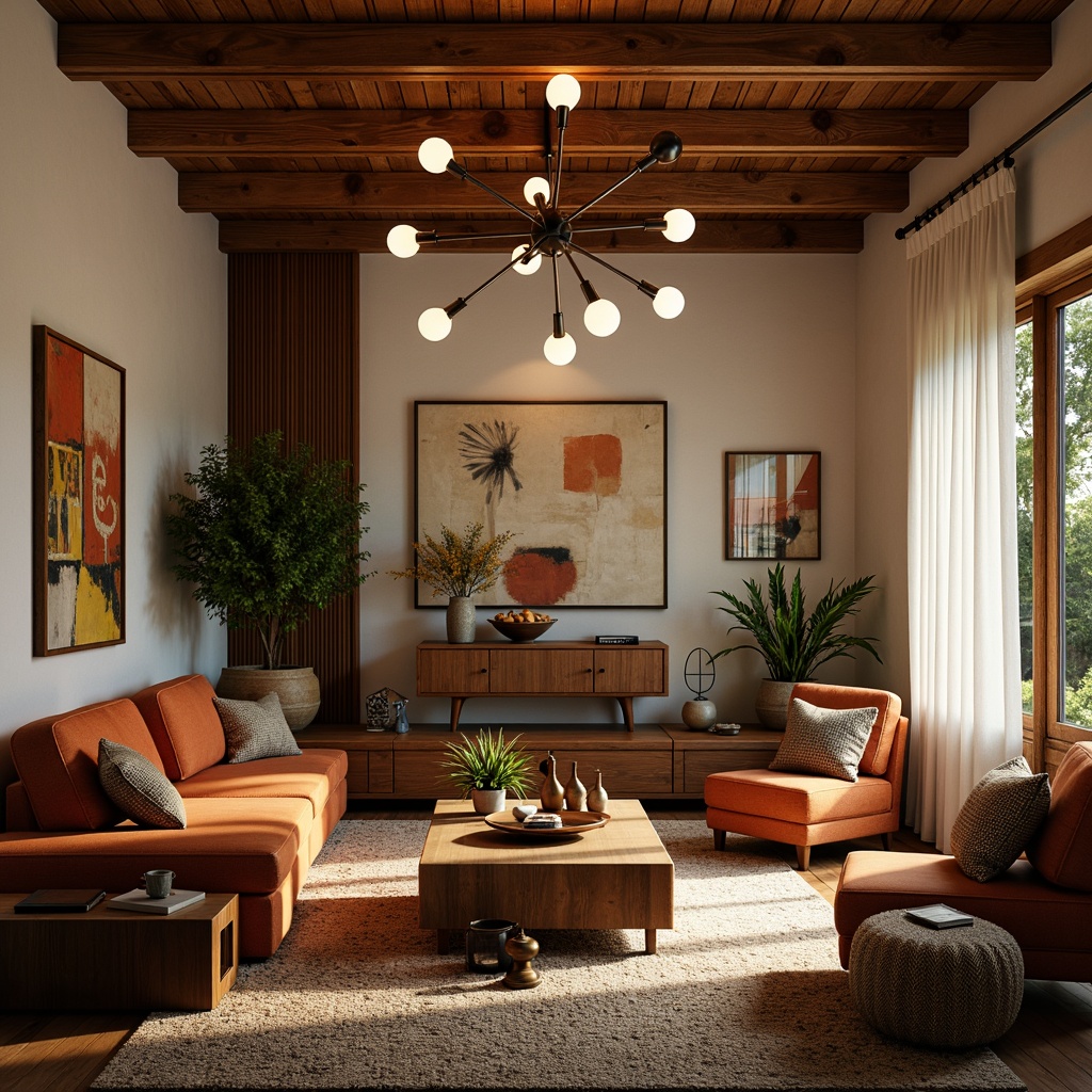 Prompt: Warm inviting living room, mid-century modern style, natural materials, wooden accents, geometric patterns, statement lighting fixtures, pendant lamps, sputnik chandeliers, table lamps, floor lamps, warm white light bulbs, soft ambient glow, layered lighting, dramatic shadows, retro-inspired decor, vintage accessories, earthy color palette, organic textures, minimalist approach, functional simplicity, 1/1 composition, softbox lighting, realistic render.