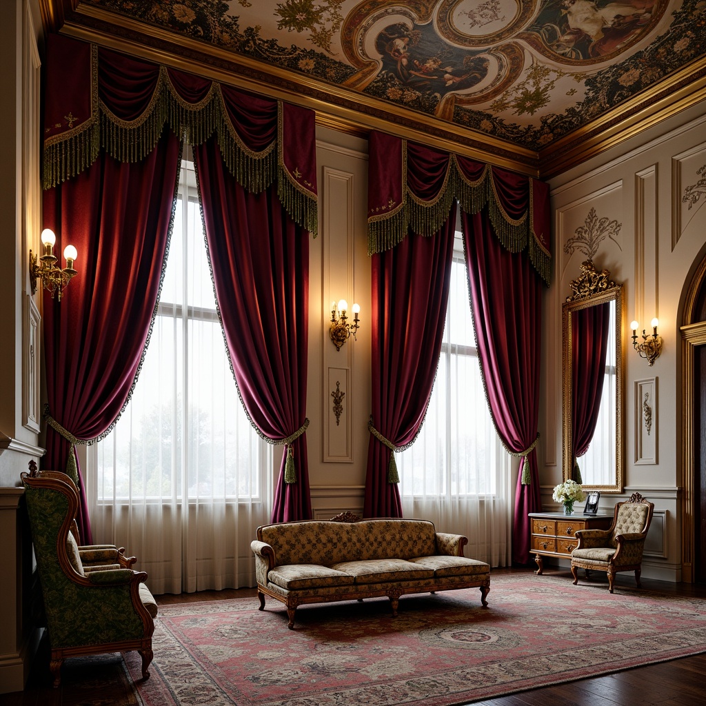 Prompt: Luxurious velvet drapes, rich brocade fabrics, ornate gold embroidery, intricate silk patterns, heavy tassel trim, opulent crystal beading, dramatic floor-to-ceiling curtains, regal purple hues, majestic red tones, lavish green accents, antique furniture upholstery, carved wooden paneling, gilded mirrors, sparkling chandeliers, ornate fresco ceilings, grandiose architectural details, soft warm lighting, shallow depth of field, 3/4 composition, realistic textures, ambient occlusion.