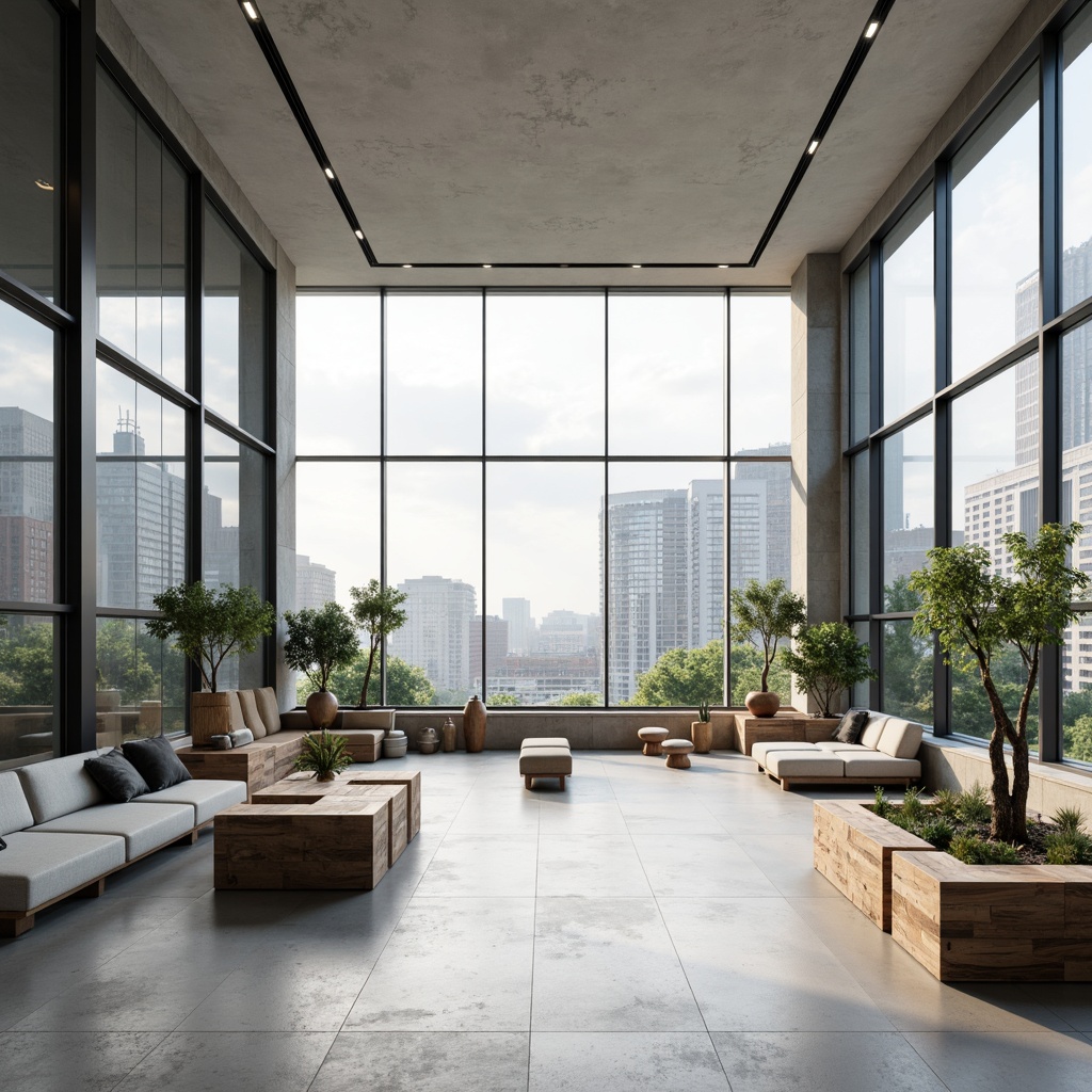 Prompt: Minimalist open space, sparse decor, monochromatic color scheme, sleek lines, polished concrete floors, floor-to-ceiling windows, natural light pouring in, urban cityscape views, modern sculptures, industrial chic accents, reclaimed wood furniture, low-profile seating, geometric-shaped planters, succulent plants, soft ambient lighting, shallow depth of field, 3/4 composition, panoramic view, realistic textures, ambient occlusion.