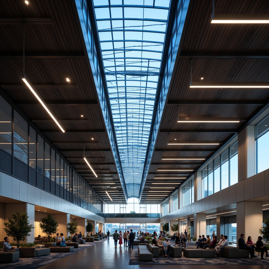 Prompt: Modern airport terminal, sleek linear lighting, suspended ceiling fixtures, energy-efficient LED lights, high-ceiling atriums, natural daylight harvesting, soft warm ambiance, comfortable waiting areas, minimalist design, brushed metal finishes, dark blue accents, quiet atmospheric sounds, shallow depth of field, 1/2 composition, realistic textures, ambient occlusion.