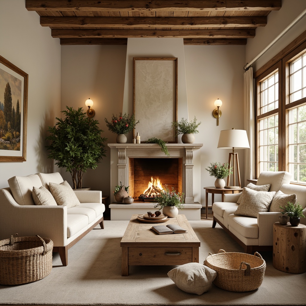 Prompt: Cozy family room, French country style, warm beige walls, soft cream furniture, rustic wooden accents, vintage distressed finishes, elegant gold lighting fixtures, plush velvet upholstery, natural linen fabrics, woven baskets, fresh flower arrangements, earthy terracotta vases, warm candlelight, shallow depth of field, 2/3 composition, soft focus, romantic ambiance, inviting atmosphere.