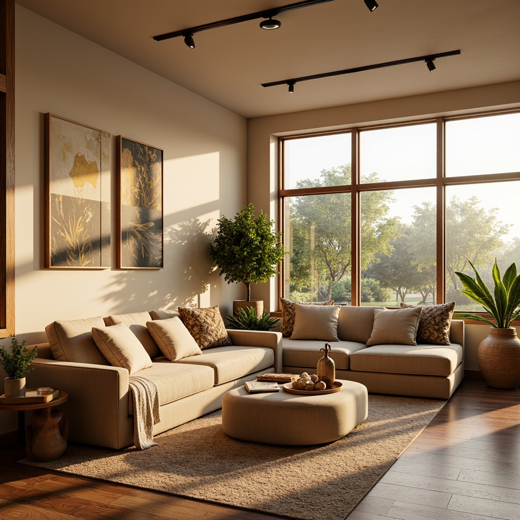 Prompt: Calming living room, soft beige walls, plush velvet furniture, warm golden lighting, rich wood accents, natural woven textiles, earthy terracotta vases, vibrant greenery, lush potted plants, airy floor-to-ceiling windows, cozy reading nooks, comfortable throw blankets, soothing pastel colors, gentle ombre effects, subtle gradient transitions, harmonious color balance, 1/1 composition, intimate atmosphere, warm ambient glow.