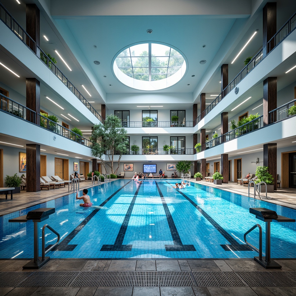 Prompt: Majestic swimming pool, academic architectural style, elegant lane lines, water-based activities, competitive swim meets, diving boards, starting blocks, scoreboard displays, ceramic tile flooring, glass tile walls, wave-patterned mosaics, cool blue waters, natural light pouring in, high ceiling windows, sleek metal handrails, modern LED lighting, shallow depth of field, 1/2 composition, realistic reflections, ambient occlusion.