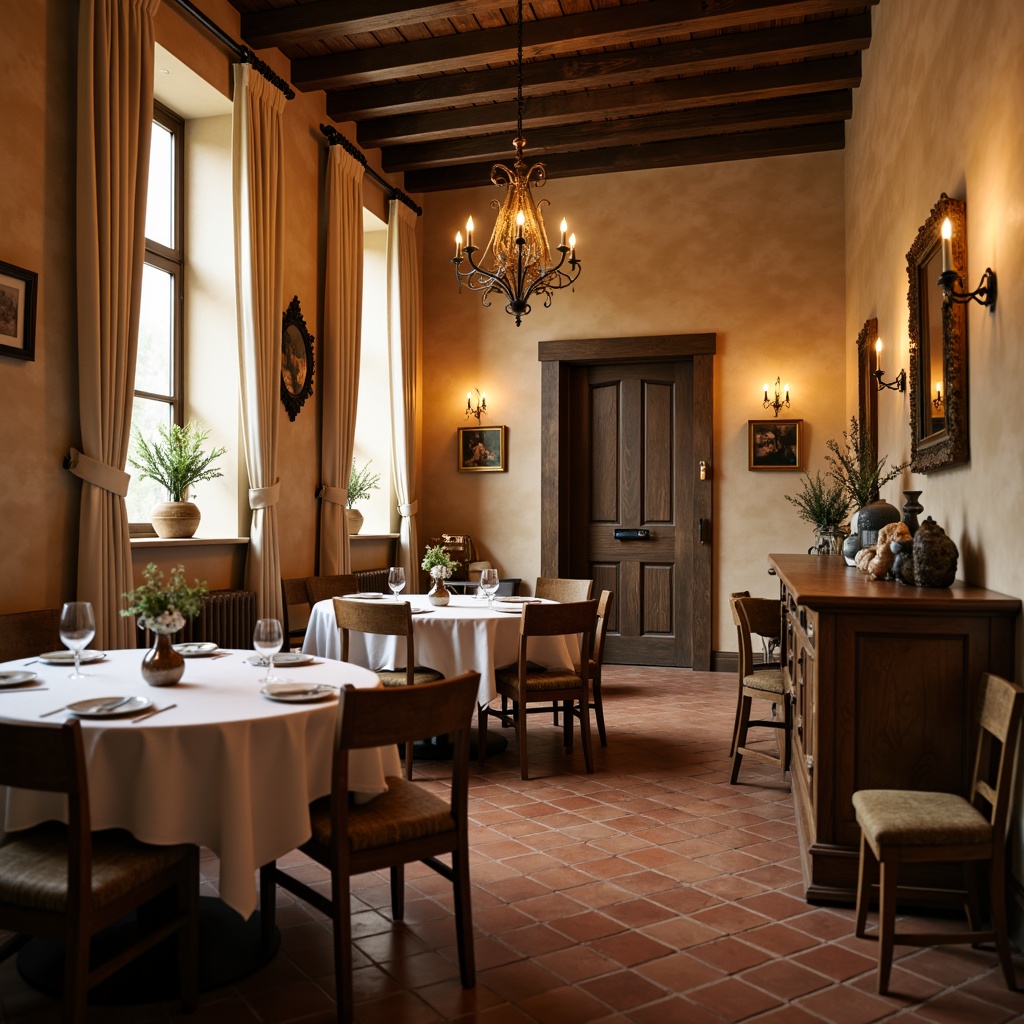 Prompt: Cozy dining room, warm beige walls, rich wood tones, earthy terracotta flooring, soft cream curtains, elegant chandeliers, rustic wooden furniture, vintage decorative accents, intimate candlelight, 3/4 composition, shallow depth of field, realistic textures, ambient occlusion.