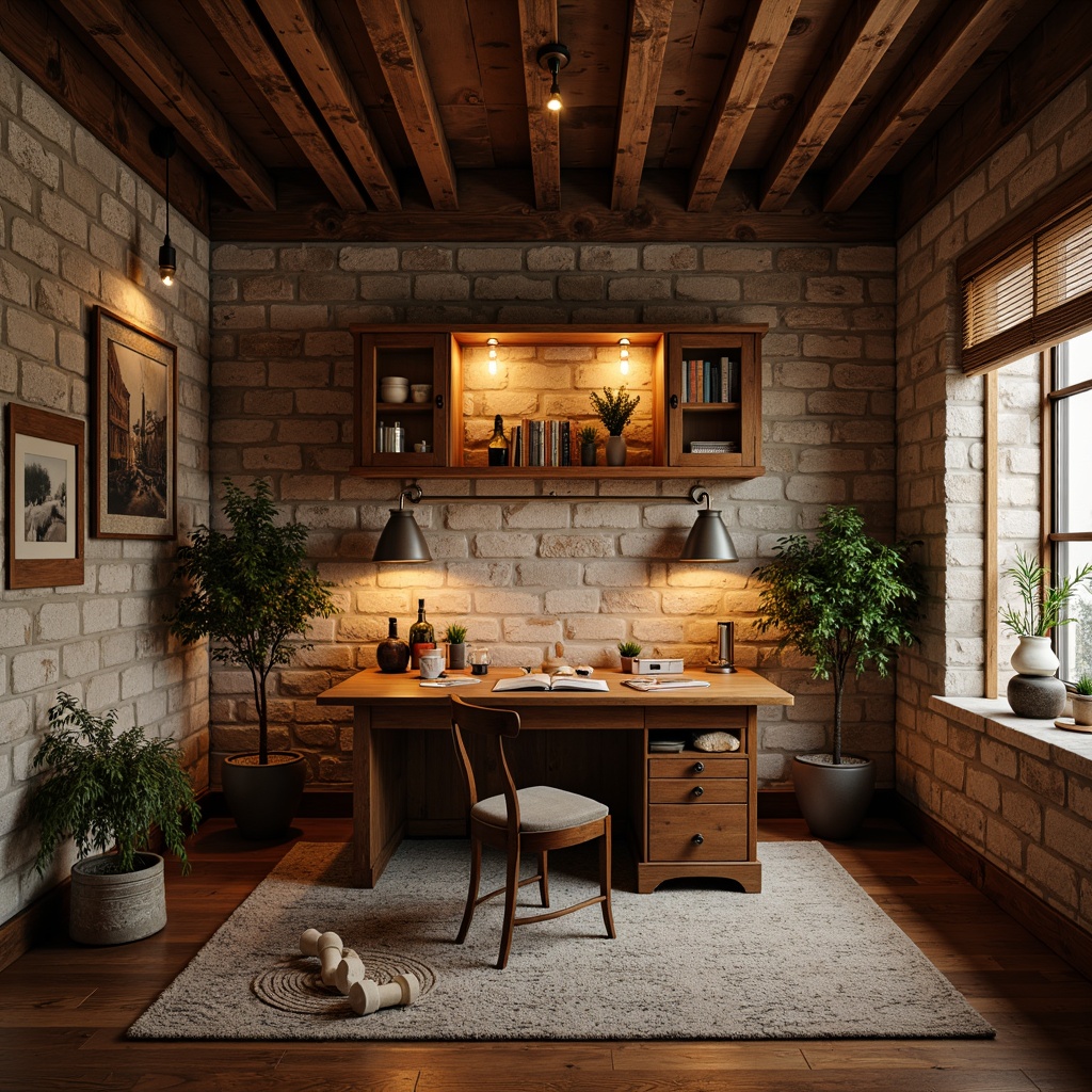 Prompt: Rustic home office, wooden desk, vintage chair, natural stone walls, earthy color palette, warm ambient lighting, table lamps, metal shades, Edison bulbs, reclaimed wood accents, industrial-style metal beams, exposed brick walls, cozy atmosphere, softbox lighting, 1/1 composition, realistic textures, subtle shadows.