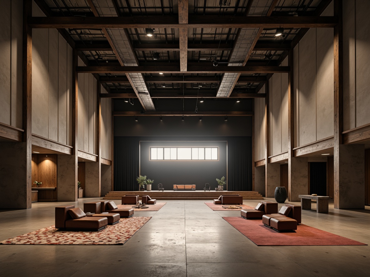 Prompt: Bauhaus-style auditorium, minimalist architecture, industrial metal beams, polished concrete floors, exposed ductwork, raw steel columns, reclaimed wood accents, geometric patterned rugs, leather upholstered seating, brutalist concrete walls, industrial-style lighting fixtures, minimalist stage design, dramatic spotlights, warm ambient lighting, 1/1 composition, high contrast ratio, realistic textures, ambient occlusion.