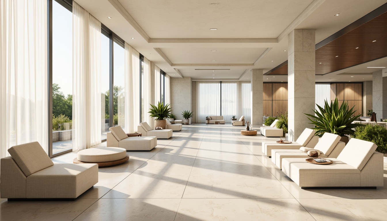 Prompt: Bright airy interior, large windows, sliding glass doors, sheer white curtains, light beige walls, polished marble floors, minimalist decor, sparse furniture arrangement, reflective metal accents, frosted glass partitions, indirect natural lighting, warm soft shadows, 1/1 composition, shallow depth of field, realistic textures, ambient occlusion.