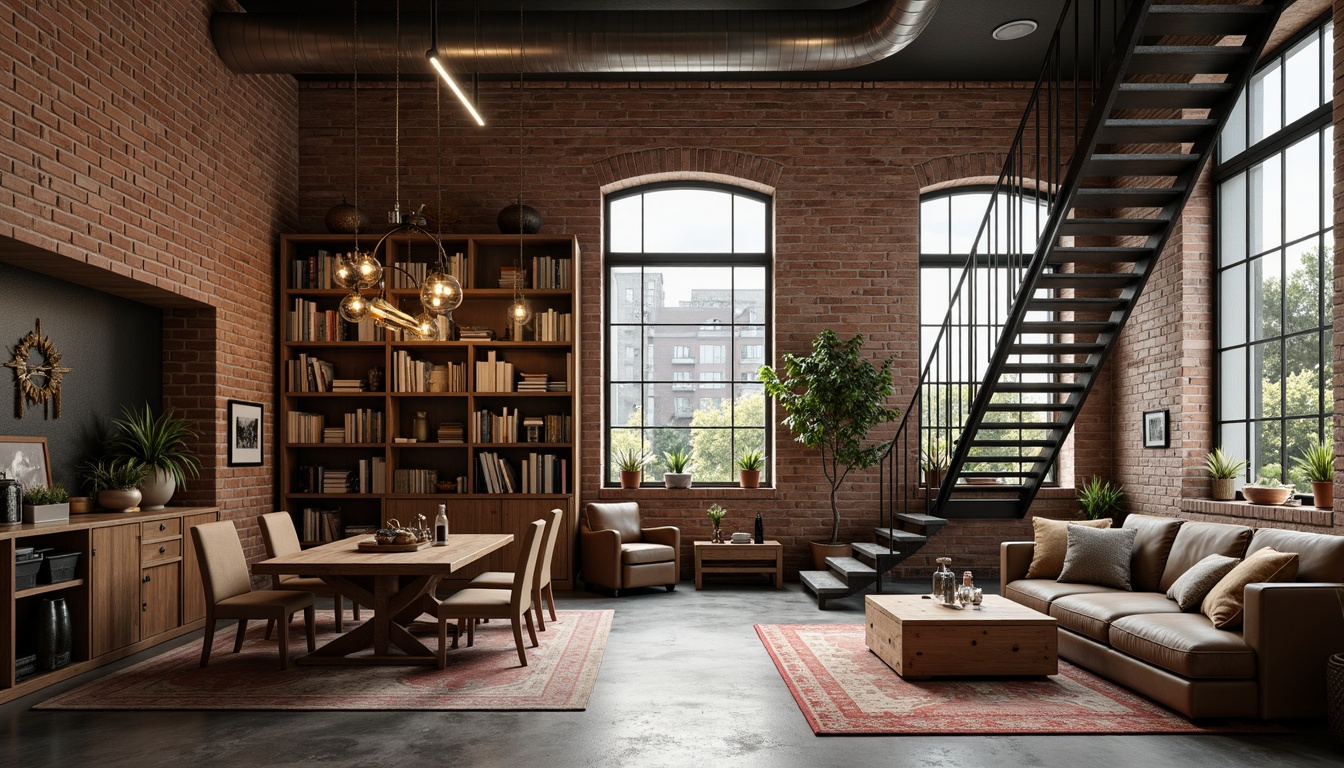 Prompt: Industrial chic loft, exposed brick walls, polished concrete floors, high ceilings, open space layout, minimalist decor, academic atmosphere, cozy reading nooks, floor-to-ceiling bookshelves, modern metal stairs, reclaimed wood accents, Edison bulb lighting, comfortable leather sofas, vintage rugs, eclectic art pieces, natural textiles, soft warm color palette, shallow depth of field, 1/1 composition, realistic textures, ambient occlusion.