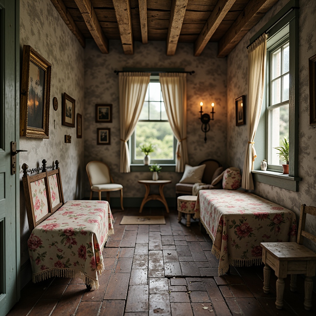 Prompt: Distressed wooden furniture, vintage floral patterns, soft pastel colors, lace trimmings, rusty metal accents, worn velvet fabrics, antique decorative items, distressed stone walls, faded brick floors, warm candlelight, romantic ambiance, shallow depth of field, 1/1 composition, realistic textures, ambient occlusion.