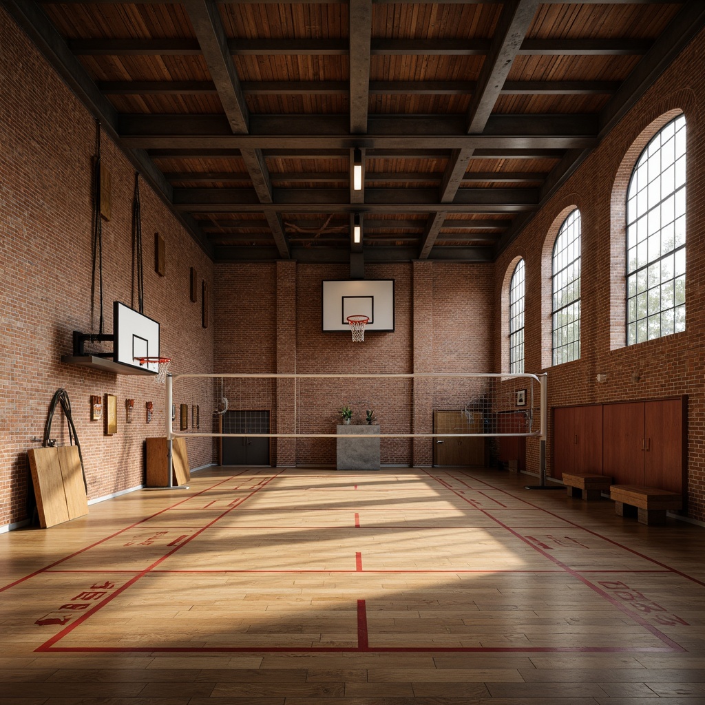 Prompt: Rustic gymnasium interior, exposed brick walls, industrial-style lighting, wooden flooring, athletic equipment, basketball hoops, volleyball nets, climbing ropes, metal beams, natural stone accents, earthy color palette, warm ambient lighting, soft shadows, 1/2 composition, realistic textures, detailed normal maps.