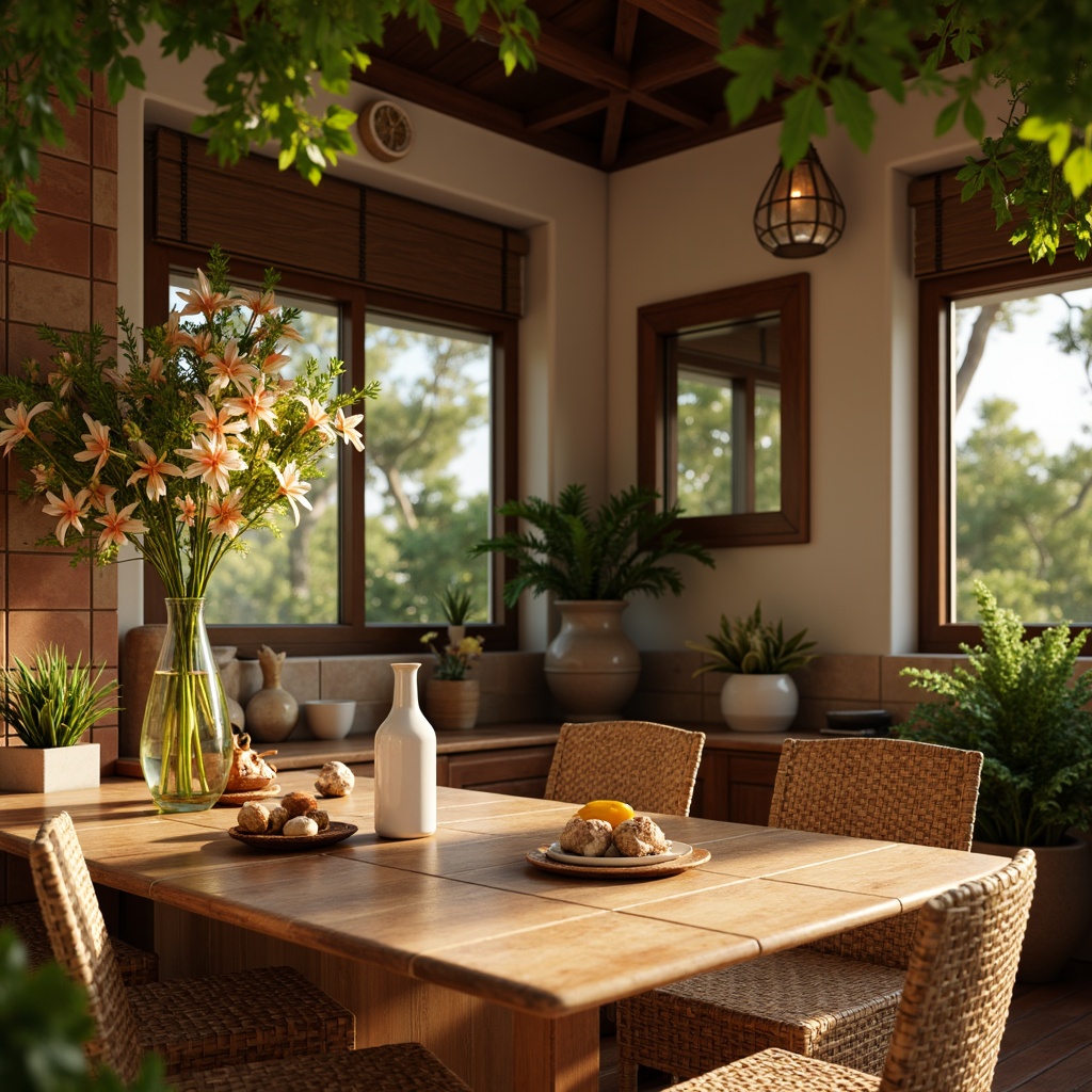 Prompt: Exotic island vibe, polished wooden countertops, rich brown tones, woven rattan furniture, lush greenery, vibrant floral arrangements, natural stone backsplashes, earthy terracotta tiles, distressed wood accents, beachy shells, coral-inspired patterns, warm sunny lighting, soft focus blur, 1/1 composition, intimate close-ups, realistic textures, ambient occlusion.