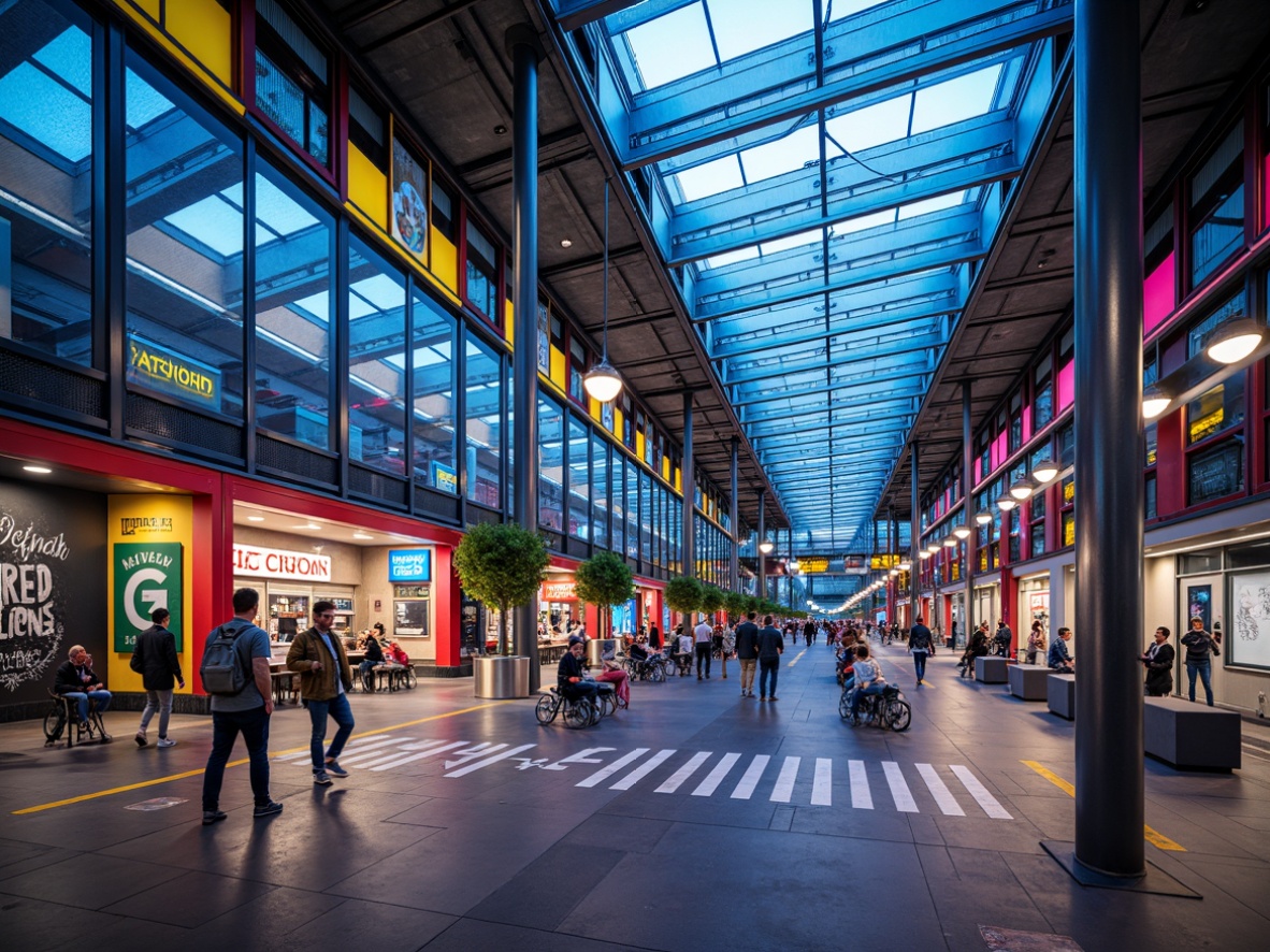 Prompt: Vibrant train station, modern architecture, sleek metal columns, glass ceilings, bright color accents, dynamic LED lighting, urban cityscape, busy pedestrian traffic, rush hour atmosphere, geometric patterns, industrial materials, polished concrete floors, stainless steel handrails, bold typography signage, colorful graffiti murals, energetic crowd scenes, shallow depth of field, 1/2 composition, dramatic shadows, realistic textures, ambient occlusion.