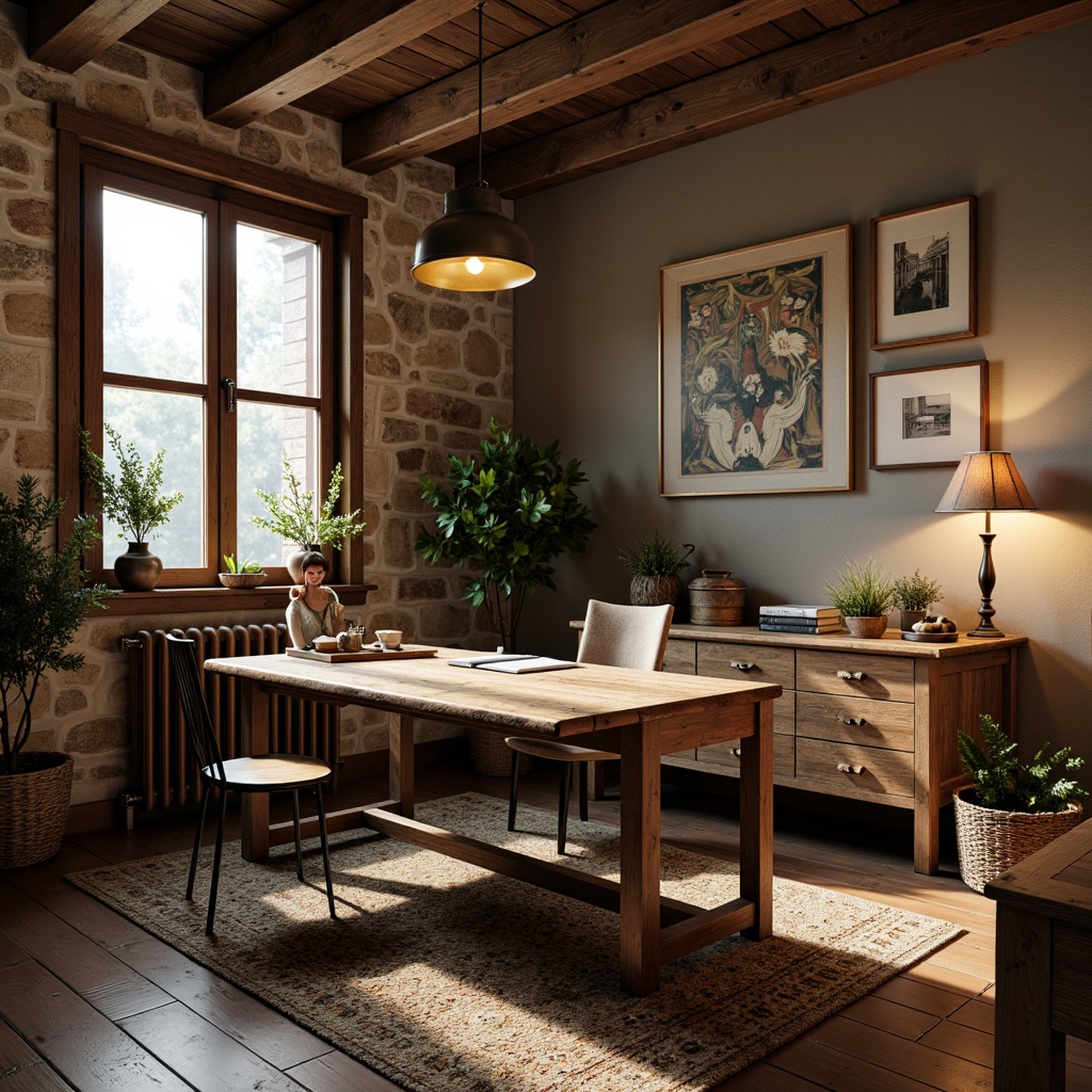 Prompt: Rustic home office, wooden desk, vintage metal chairs, earthy color palette, natural stone walls, reclaimed wood accents, distressed finishes, cozy textiles, woven baskets, antique decorative items, warm pendant lighting, soft diffused shadows, shallow depth of field, 1/1 composition, realistic wood grain textures, ambient occlusion.