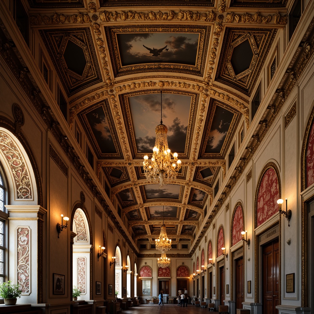 Prompt: Ornate Baroque ceiling, intricate molding, golden chandeliers, ornamental plasterwork, frescoed vaults, decorative pilasters, grandiose archways, lavish stucco designs, richly textured fabrics, regal color palette, warm ambient lighting, subtle gradient effects, 1/2 composition, atmospheric perspective, realistic material textures, detailed architectural ornaments.