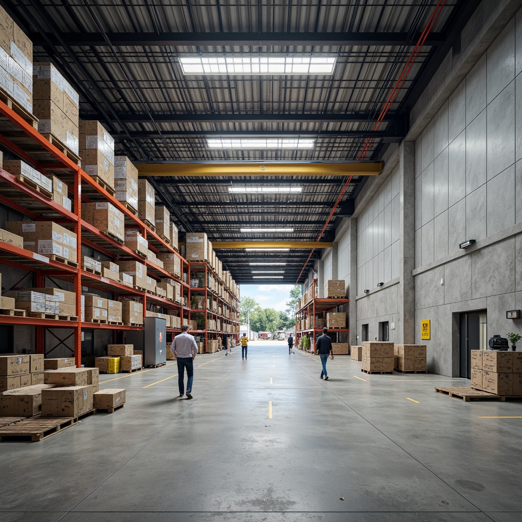 Prompt: Industrial warehouse, functional layout, organized shelving units, efficient storage systems, modern racking structures, steel beams, concrete floors, natural lighting, overhead cranes, loading docks, distribution center signs, academic style design, minimalist decor, neutral color palette, metal accents, polished concrete walls, fluorescent lighting, shallow depth of field, 1/1 composition, realistic textures, ambient occlusion.