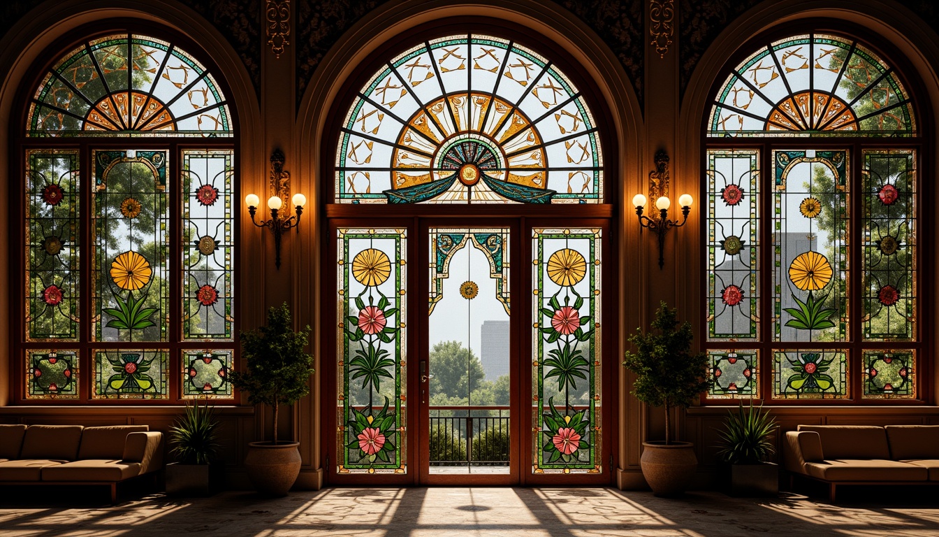 Prompt: Intricate stained glass windows, ornate metal frames, vivid color palette, floral patterns, curvilinear shapes, organic forms, luxurious materials, opulent decorations, symmetrical compositions, high-contrast lighting, warm ambiance, rich textures, detailed brushstrokes, Art Nouveau inspiration, vintage aesthetic, elegant architecture, refined interiors, sophisticated atmosphere, subtle gradations.