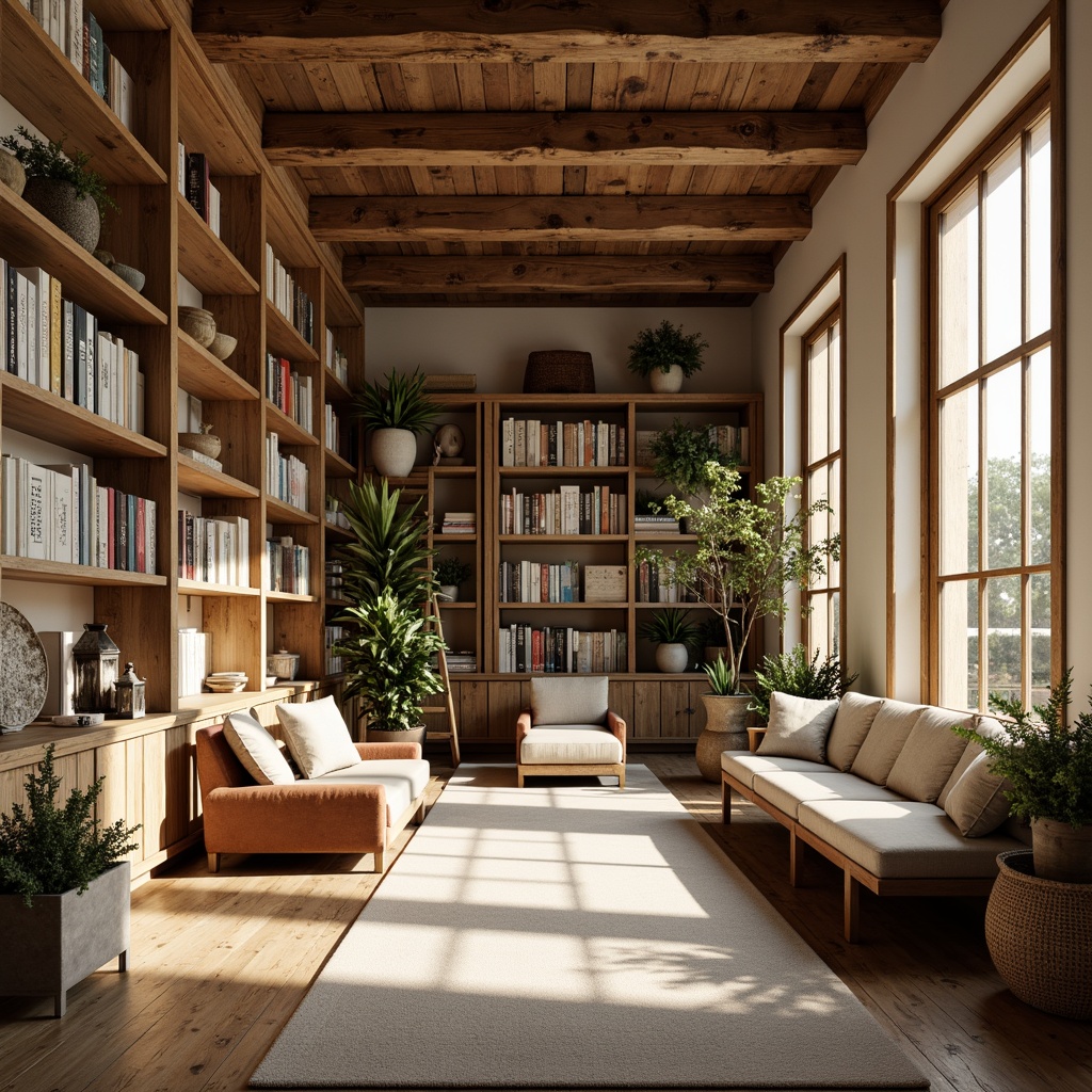 Prompt: Rustic library interior, wooden bookshelves, vintage ladder, natural stone walls, earthy color palette, warm beige tones, farmhouse style decor, plush armchairs, cozy reading nooks, large windows, soft diffused light, morning sunlight, gentle shadows, warm wood accents, distressed metal lanterns, potted greenery, woven baskets, aged leather sofas, creamy white walls, organic textures, shallow depth of field, 1/1 composition, realistic rendering.