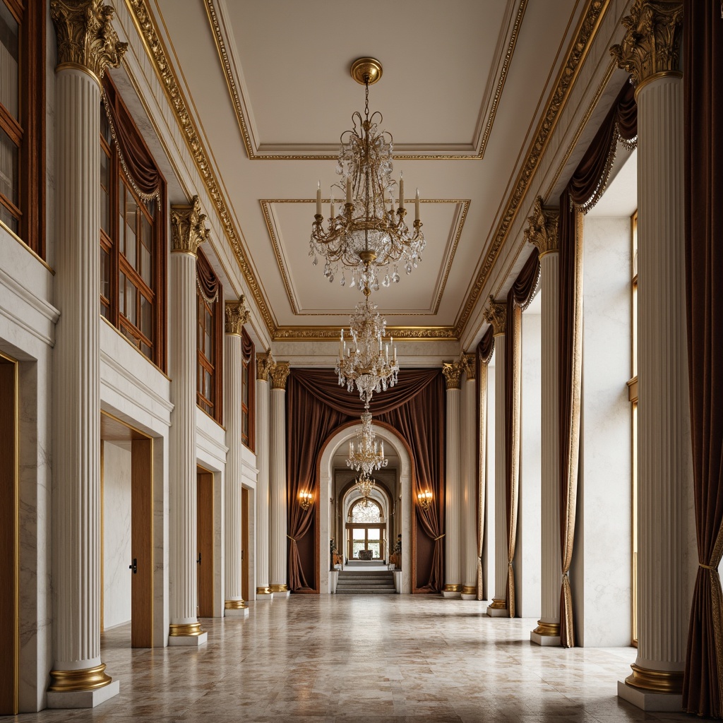 Prompt: Elegant neoclassical interior, ornate moldings, white marble columns, intricately carved wooden panels, gilded details, crystal chandeliers, luxurious fabrics, velvet drapes, subtle warm lighting, high ceilings, symmetrical composition, classic proportions, refined textures, realistic reflections, ambient occlusion.