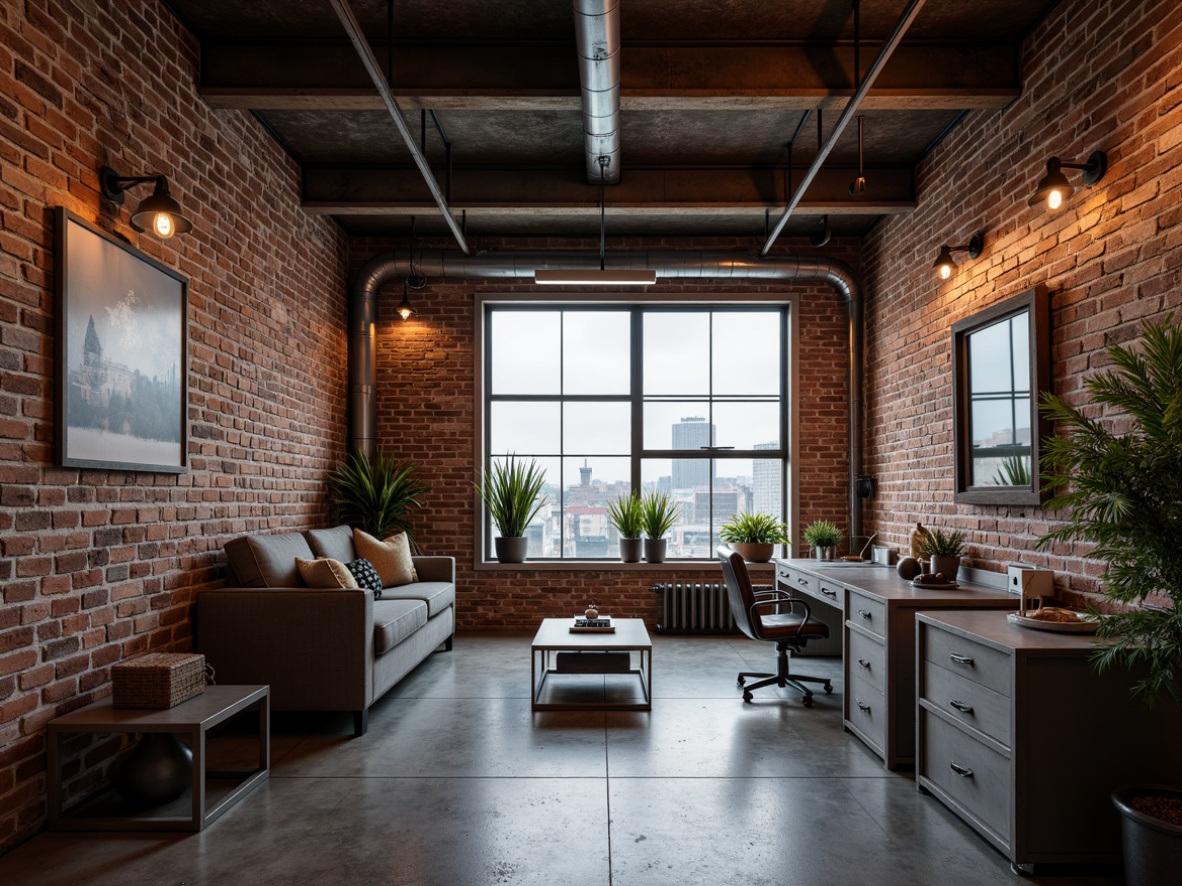 Prompt: Exposed brick walls, metal beams, industrial pipes, reclaimed wood accents, urban loft atmosphere, modern minimalist decor, sleek metal furniture, Edison bulb lighting, concrete floors, distressed finishes, functional storage spaces, cityscape views, overcast skies, dramatic shadows, high-contrast lighting, 1/1 composition, gritty textures, ambient occlusion.