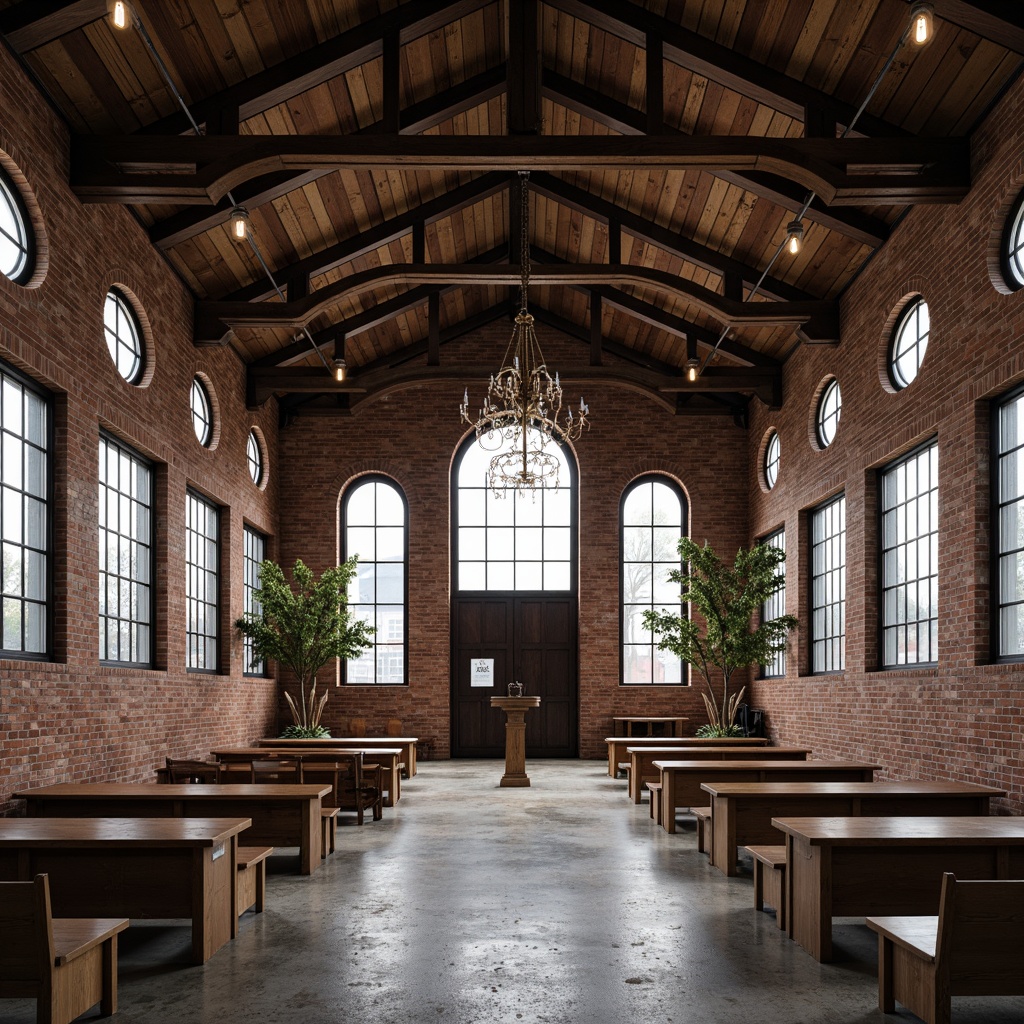 Prompt: Rustic industrial church, exposed brick walls, metal beams, reclaimed wood accents, stained glass windows, ornate steel doors, distressed concrete floors, vintage lighting fixtures, minimalist pews, industrial-style chandeliers, urban cityscape, overcast skies, soft diffused light, shallow depth of field, 1/2 composition, realistic textures, ambient occlusion.